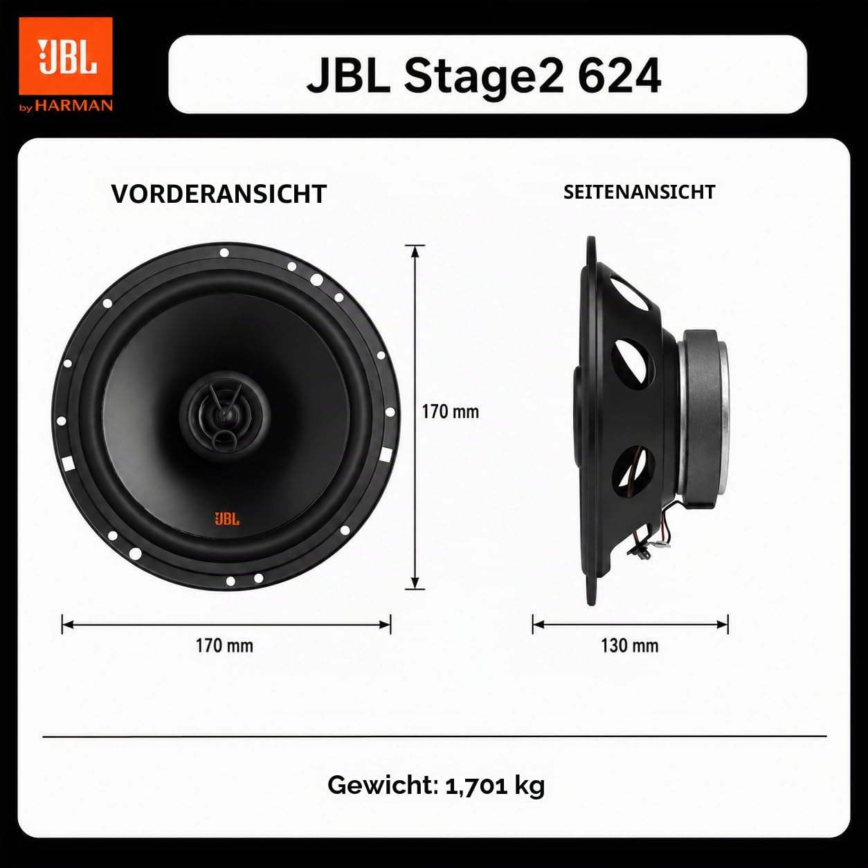 JBL Stage2 624 2-Wege Auto Lautsprecher Set von Harman Kardon - 240 Watt KFZ Autolautsprecher Boxen 16 - 17 cm