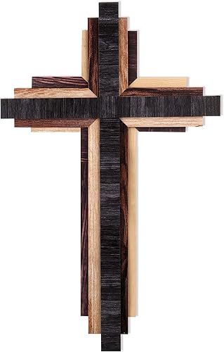 Jetec Christian Wooden Wall Cross,3D Multi-color Triple Stacked Reclaimed Decorative Worn Wooden Wall Cross for Home Religious Church Hanging