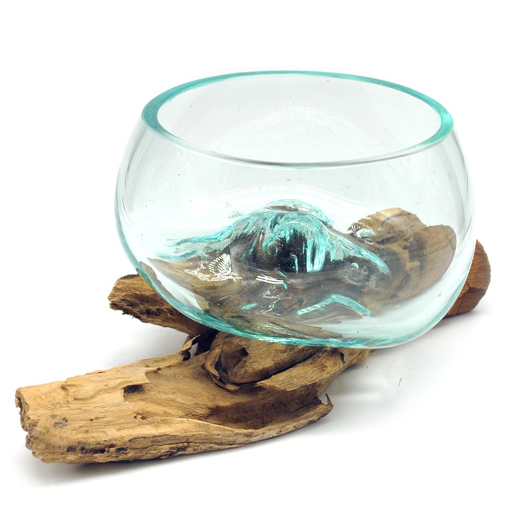 Wurzel mit Glasschale klein Schale Dekoschale Glas auf Holz Durchmesser 12-13 cm Holzdeko Teakholz Deko