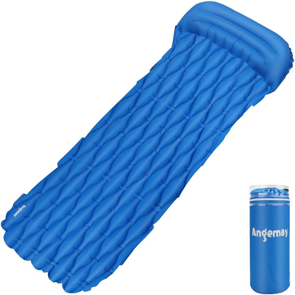 Angemay Ultralight Sleeping Pad - Ultra-Compact Camping Air Mattress for Backpacking, Travelinga and Hiking - Leakproof Portable Outdoor Sleeping Mat with Pillow, for Travel Beach Camping - Blue