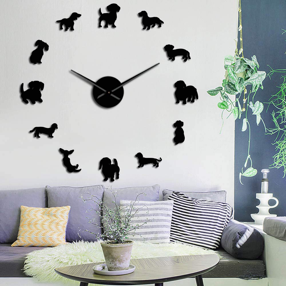 The Geeky Days DIY Dachshund Wall Art Wiener-Dog Puppy Dog Pet Frameless Giant Wall Clock with Mirror Effect Sausage Dog Large Clock Wall Watch(Black)