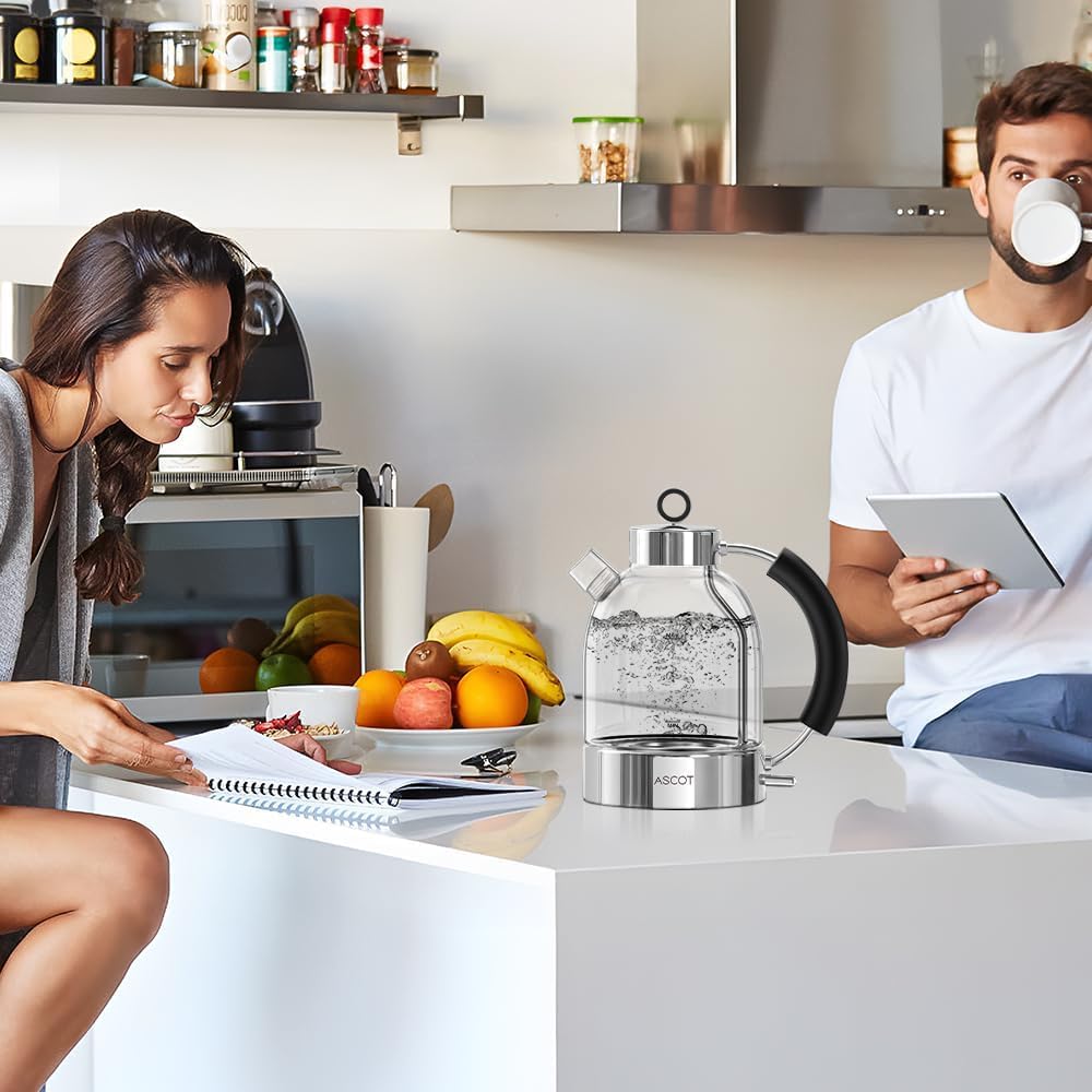 ASCOT Hervidor de agua de cristal, hervidor eléctrico regalos para hombres/mujeres/familias 1,5 L hervidor de agua a presión, protección contra ebullición en seco y apagado automático (plata)