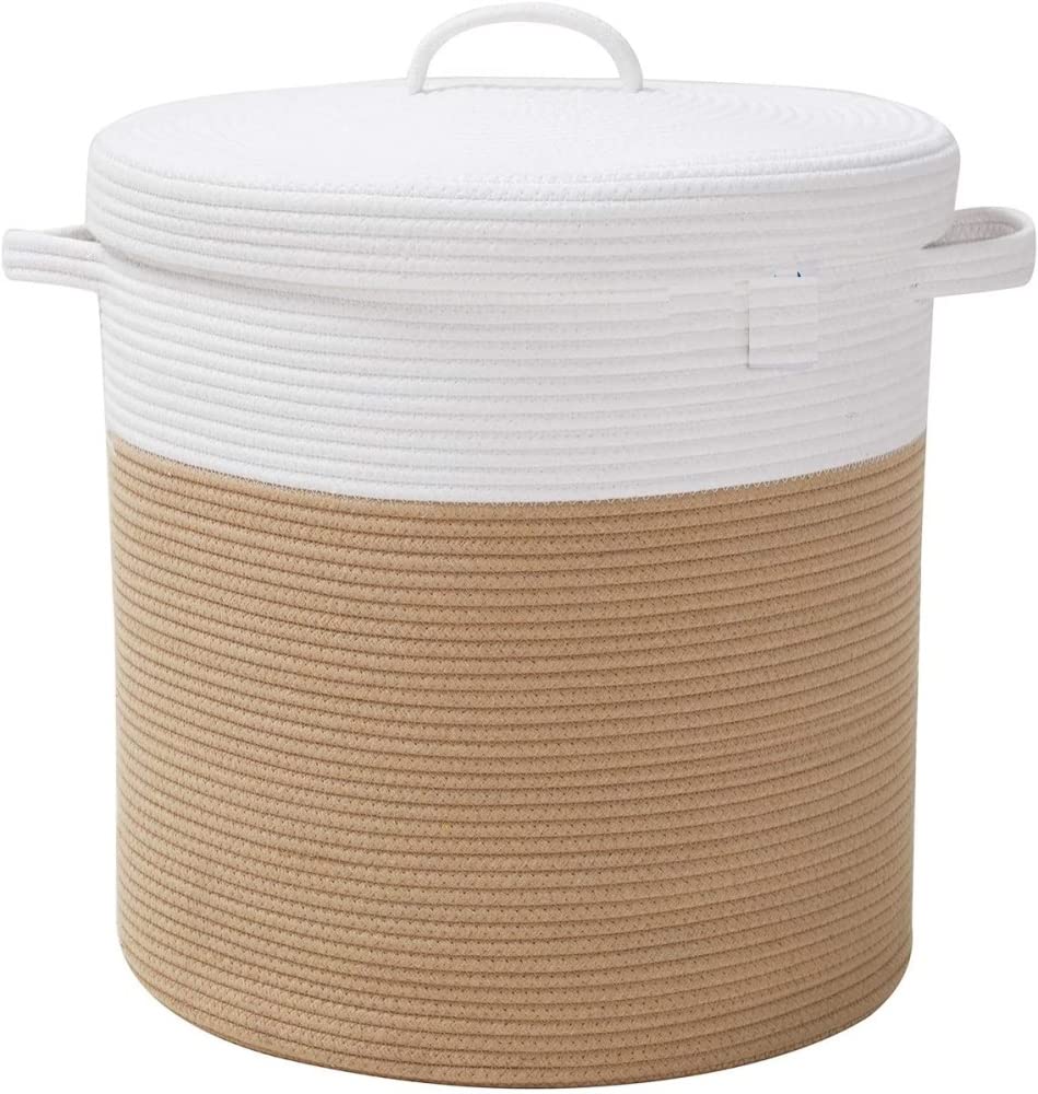Gleckn 12" X 12" X 14" Large Storage Basket With Lid, Cotton Rope Storage Baskets, Laundry Hamper, Blankets Pillows Storage In Living Room Baby Nursery, White&Beige Stiches With Cover 1