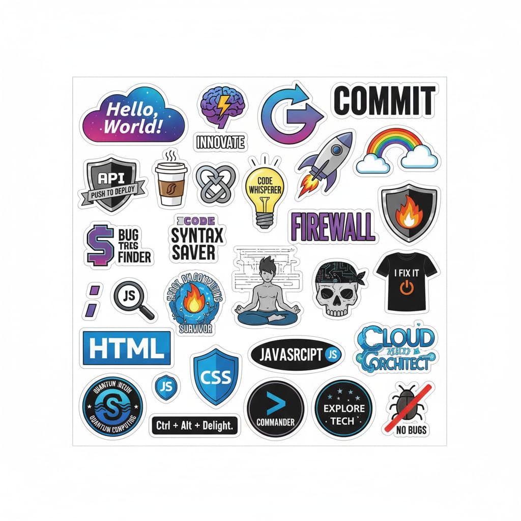 Programmer Laptop Stickers Pack for Coders & Developers – Coding, Javascript, HTML, CSS, Tech & IT Stickers for Laptop, PC, Tablet – Vinyl Aesthetic Coding Stickers Set of 30