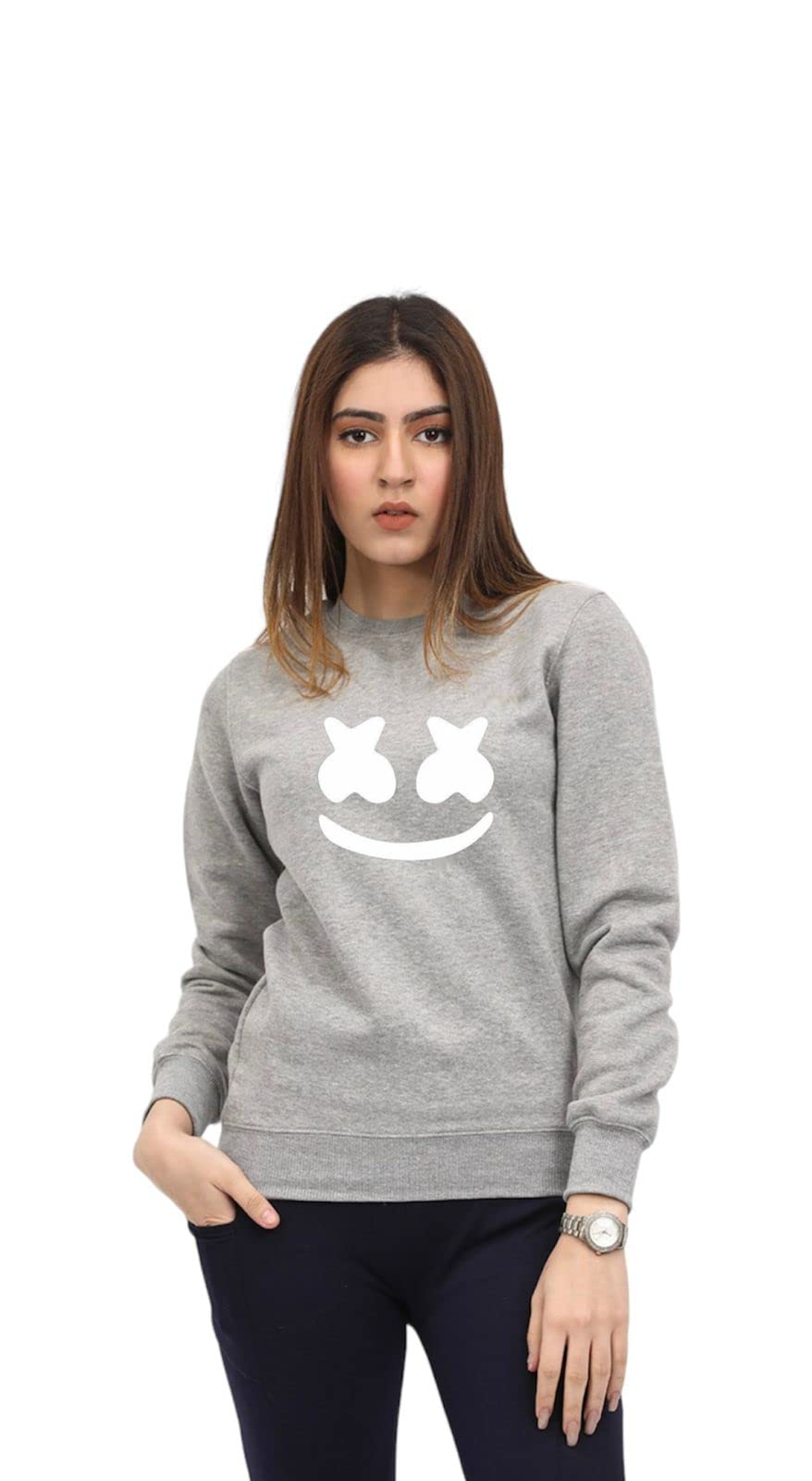 MALVIS Women's Grey Round Neck Solid Full Sleeve Sweatshirt-ML78WGREYMRSMLOW