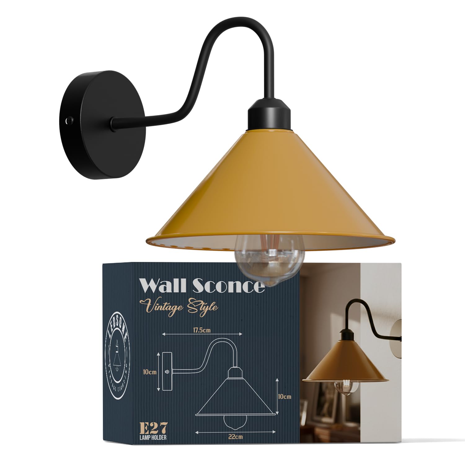 LEDSone Vintage Wall Light Fixture, Vintage Black Wall Sconce E27 Base Socket Screw Type Industrial Wall Mounted Swan Neck Cone Shape Shade Wall Sconce (Yellow, with Bulb)