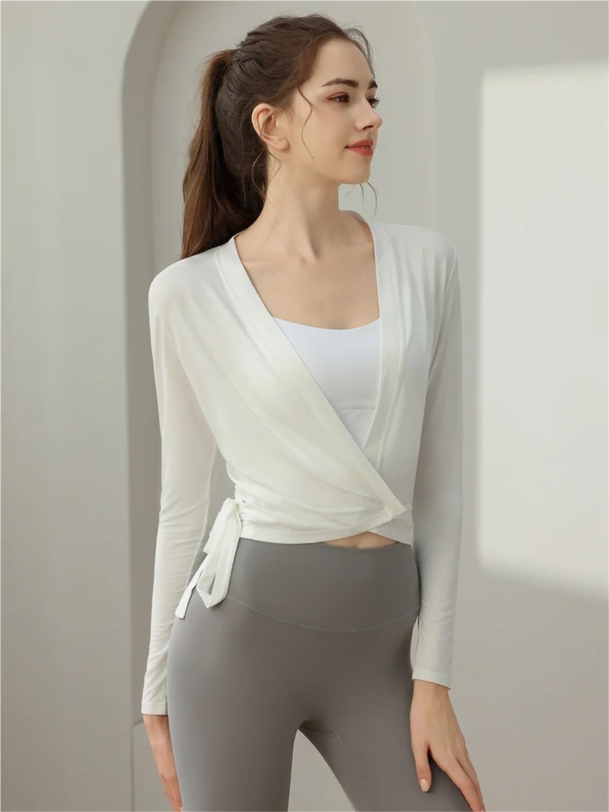 Wickeloberteil Damen Schlanke Langarm Schnürung vorne offen Shirt Yoga Tops Quick Dry Atmungsaktiv Outdoor Gym Laufen Frauen Sport