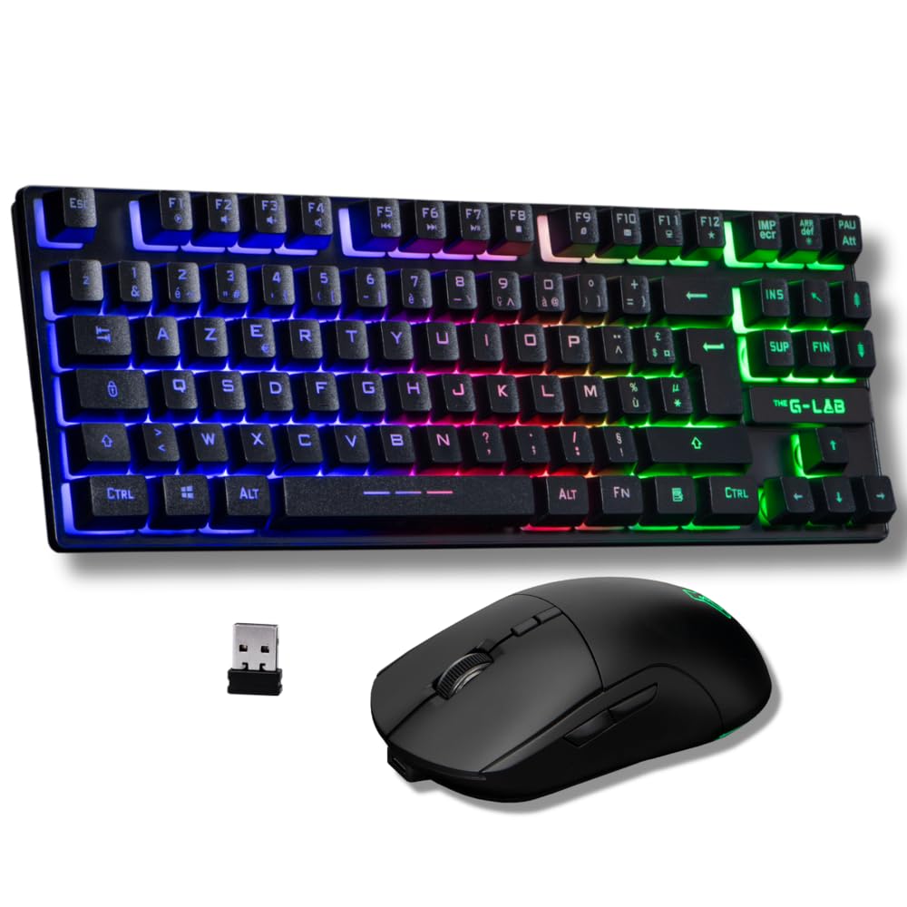 The G-Lab Oxygen EX Combo - Zestaw bezprzewodowej klawiatury i myszy do gier z diodami LED RGB - bezprzewodowa klawiatura do gier w formacie TKL, układ hiszpański i bezprzewodowa mysz do gier, 3200
