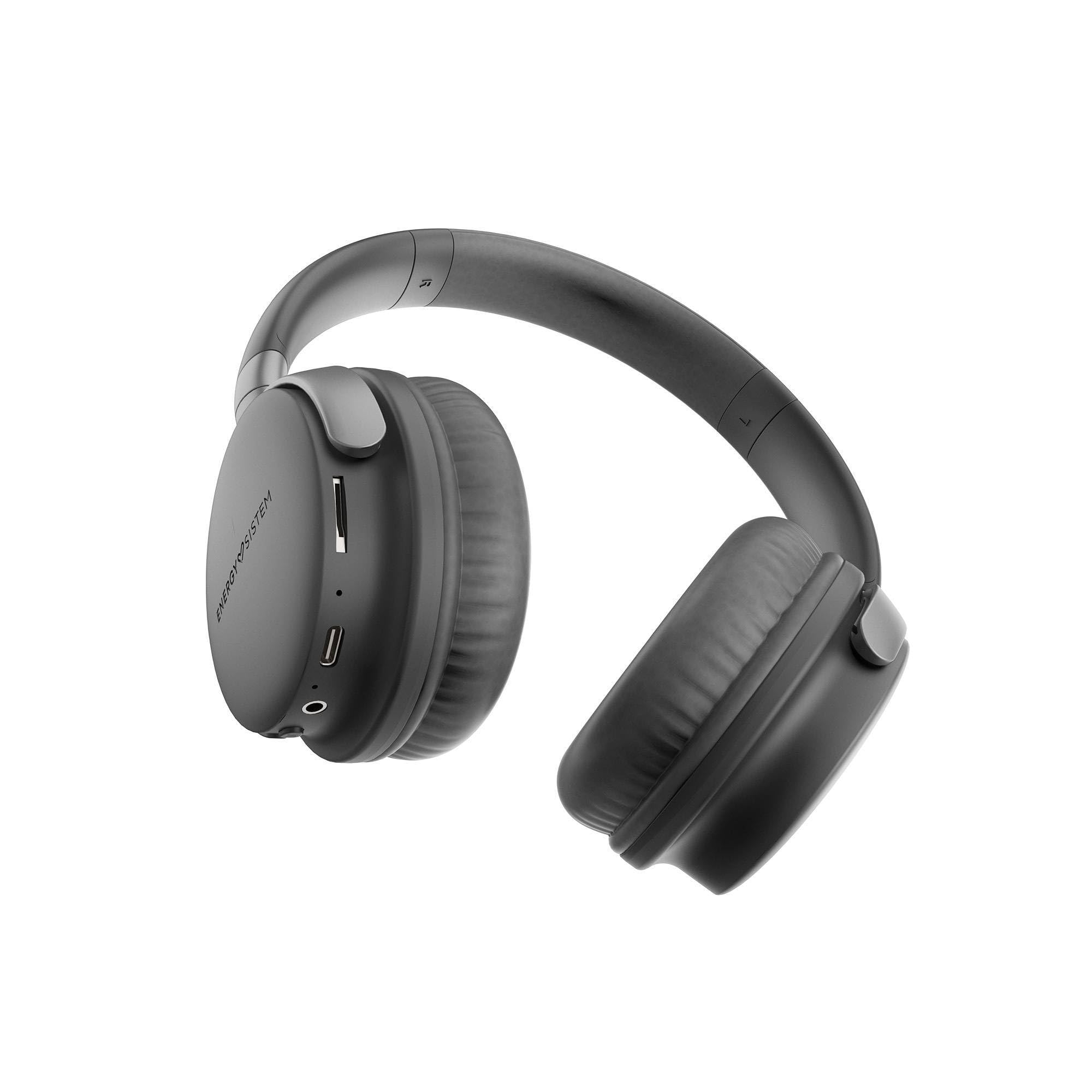 Energy Sistem Studio Plus - Auriculares Bluetooth (Radio FM, 45h de batería, Reproductor MP3 MicroSD, Deep Bass, Almohadillas de Cuero proteico y Espuma visco elástica) Gris