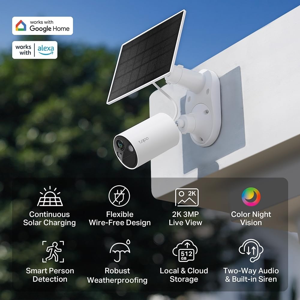 TP-Link TC82 KIT camera with solar panel, showing icons for continuous solar charging, wire-free design, 2K 3MP live view, color night vision, smart person detection, robust weatherproofing, local & cloud storage, and two-way audio & siren.
