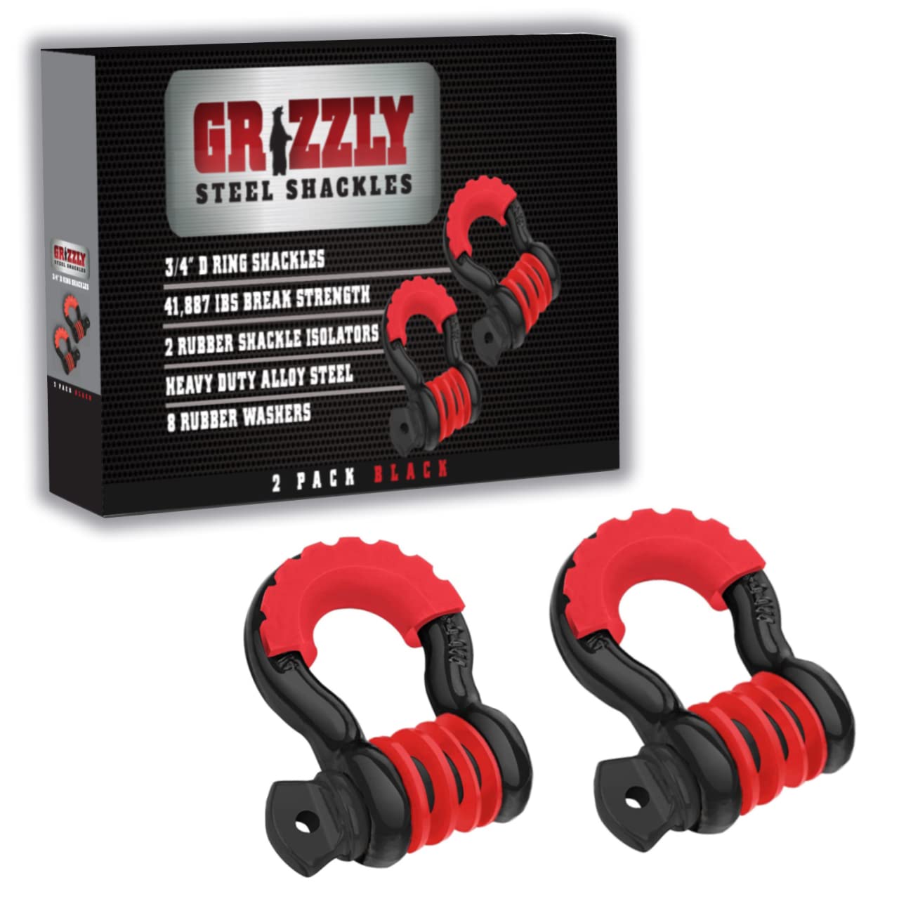 Performore D Ring Shackles, 3/4 Inch, 2 Pack – Heavy Duty Includes Shackle Protector and Washers - Ideal for Jeeps, ATV’s, Trucks to use with Recovery, Towing, Straps (Black)