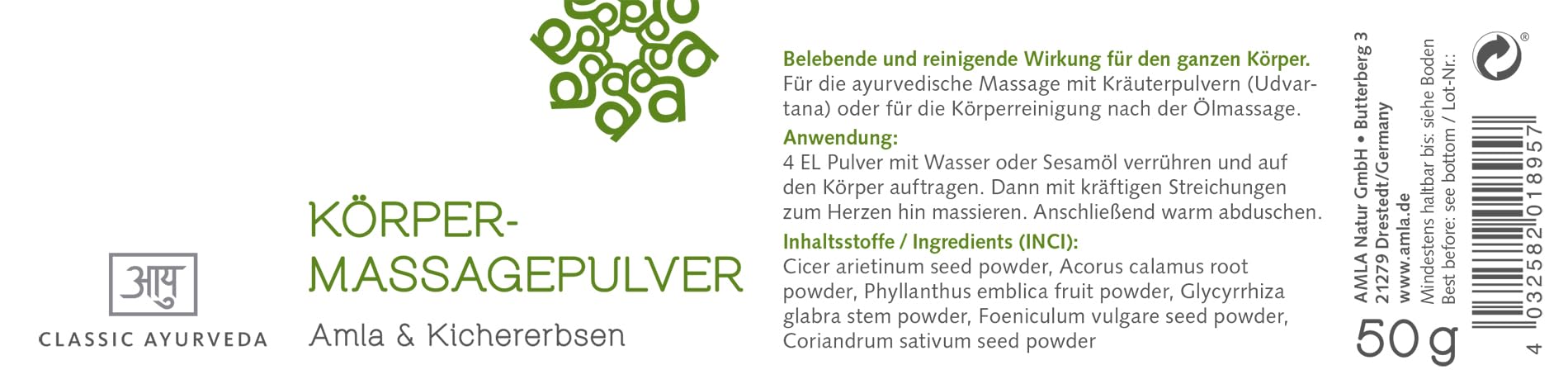 Classic Ayurveda - Körpermassagepulver - 50 g - Ayurvedisches Kräuterpulver für Ganzkörpermassage mit Amla und feinem Kichererbsenmehl