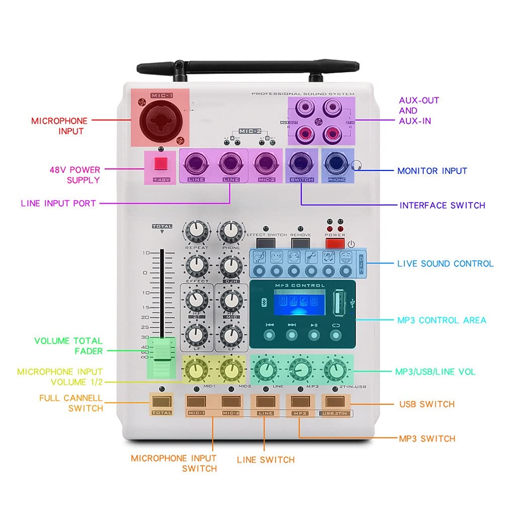 Console DJ portatile Mixer scheda audio con microfono Uhf a 2 canali per Home Pc Studio Registrazione Rete Live