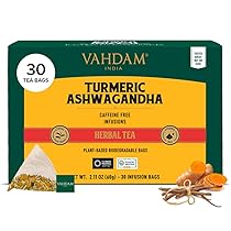 VAHDAM, Tisane Curcuma e Ashwagandha (30 Bustine) | Senza Caffeina | 100% Infusi e Tisane Dolci e Aromatici | Tè alle erbe | In Bustine Piramidali per una Infusione Perfetta | Direttamente dall’India