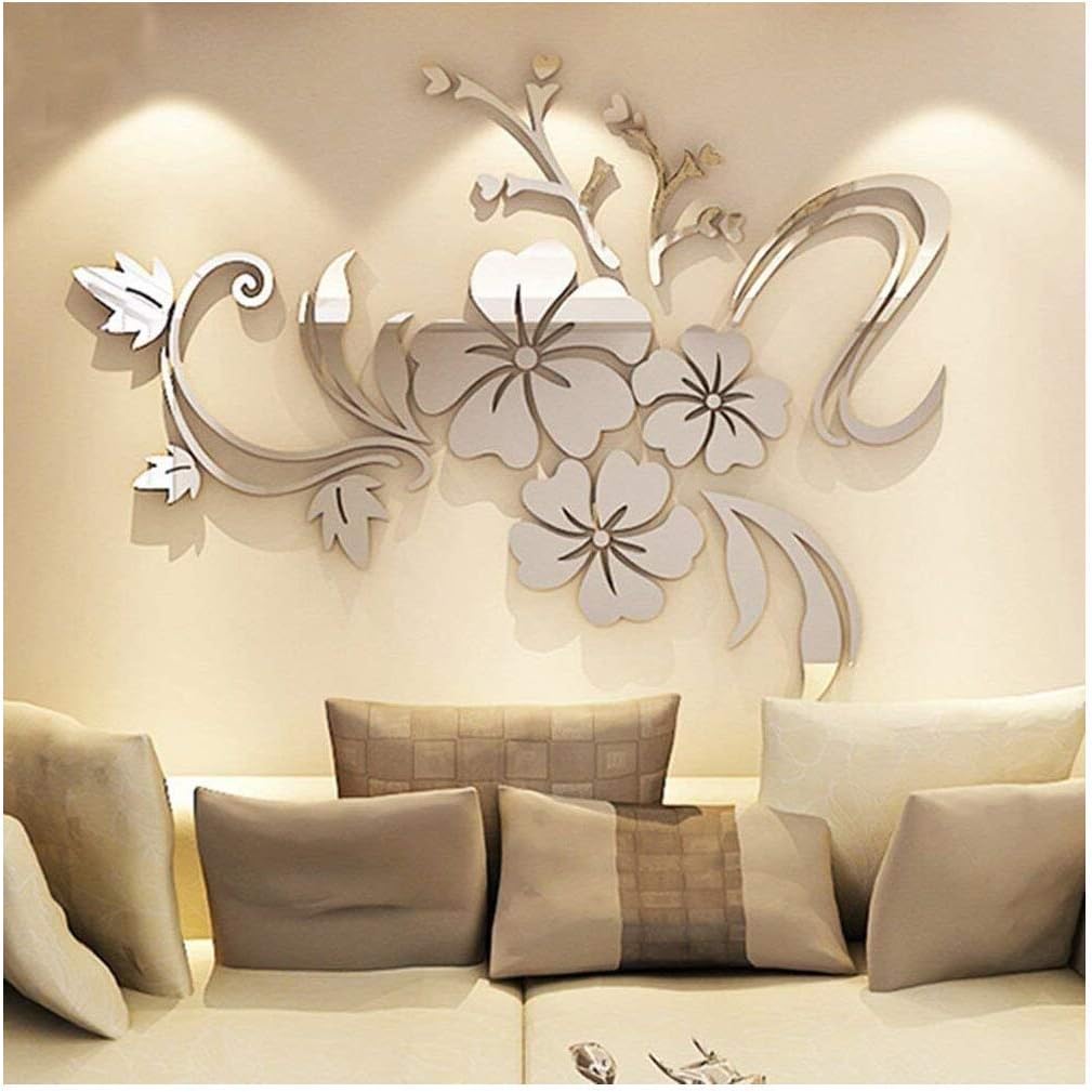 YINGYUAN 1 Piece Set Acrylic Art 3D Mirror Flower Wall Sticker DIY Home Wall Decal Decoration Sofa TV Wall Removable Wall Sticker 120X90cm (Silver) โฆ (Silver)