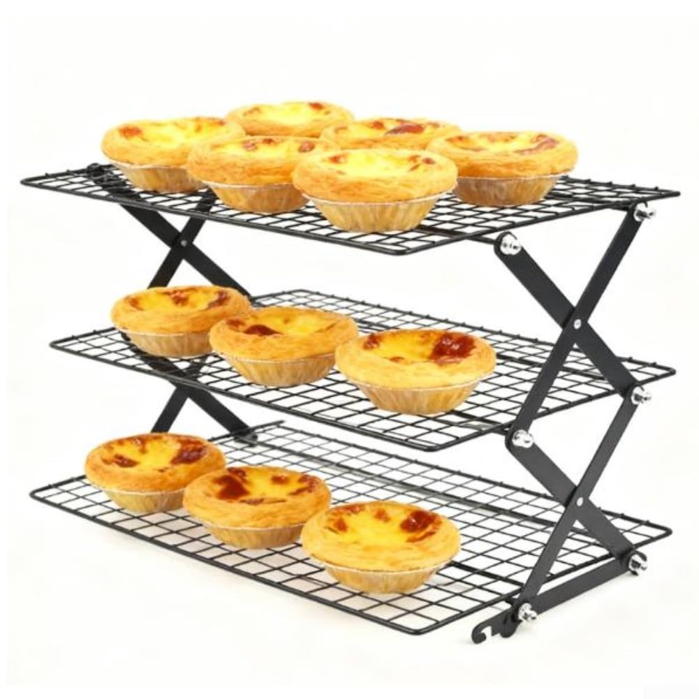 Estante de enfriamiento plegable de 2/3/4 niveles ajustable apilable de hierro para hornear galletas, pasteles, magdalenas, pan, diseño de ahorro de espacio (tres capas)