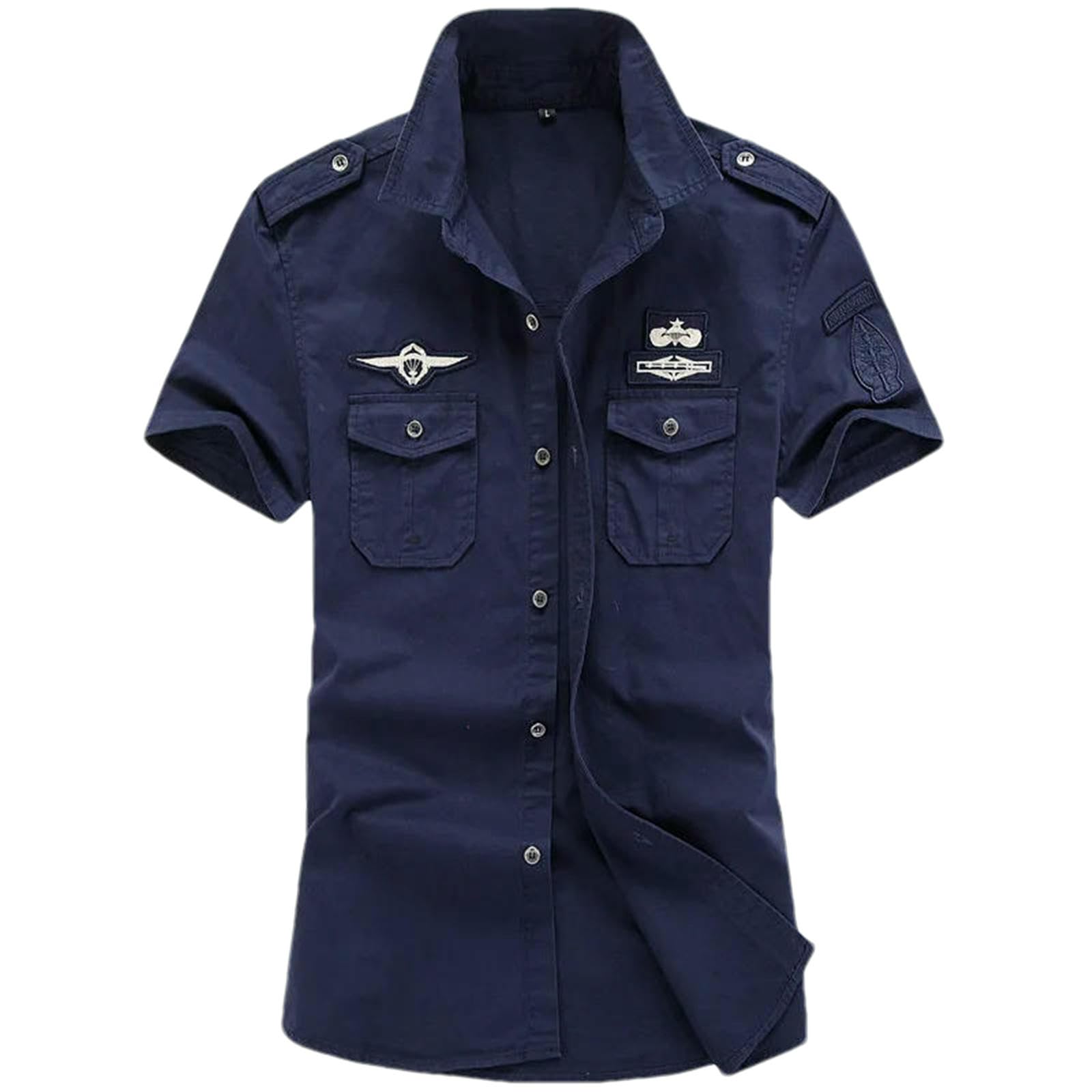Camicia da uomo a maniche corte in cotone stile militare Button-Down camicie casual ricamate con tasche sul petto