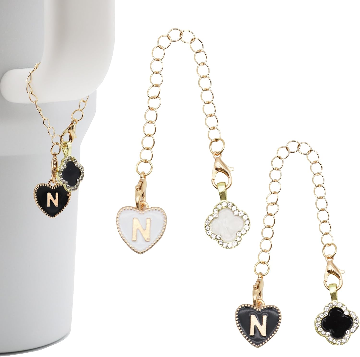 2Pcs Letter Charm Accessories for Stanley Cup,Name ID Initial Letter for Stanley 30&40 oz Tumbler with Handle,Heart Shape & Four Leaf Clover Initial Personalized Identification Charms Chain