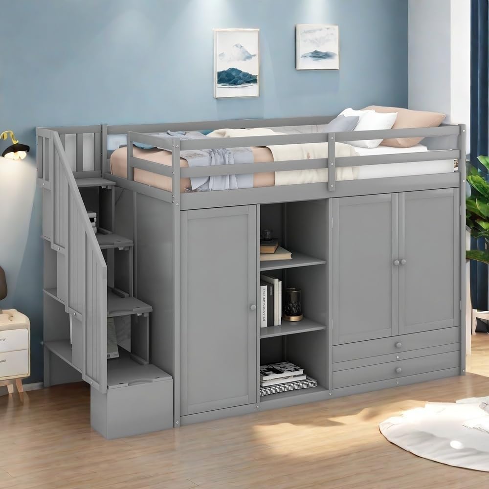 SOFTSEA Twin Loft Bed with Storage Staircase and Wardrobe - Solid Wood Loft Bed Frame with Shelves for Kids, Teens - Space-Saving Loft Bed, No Box Spring Needed