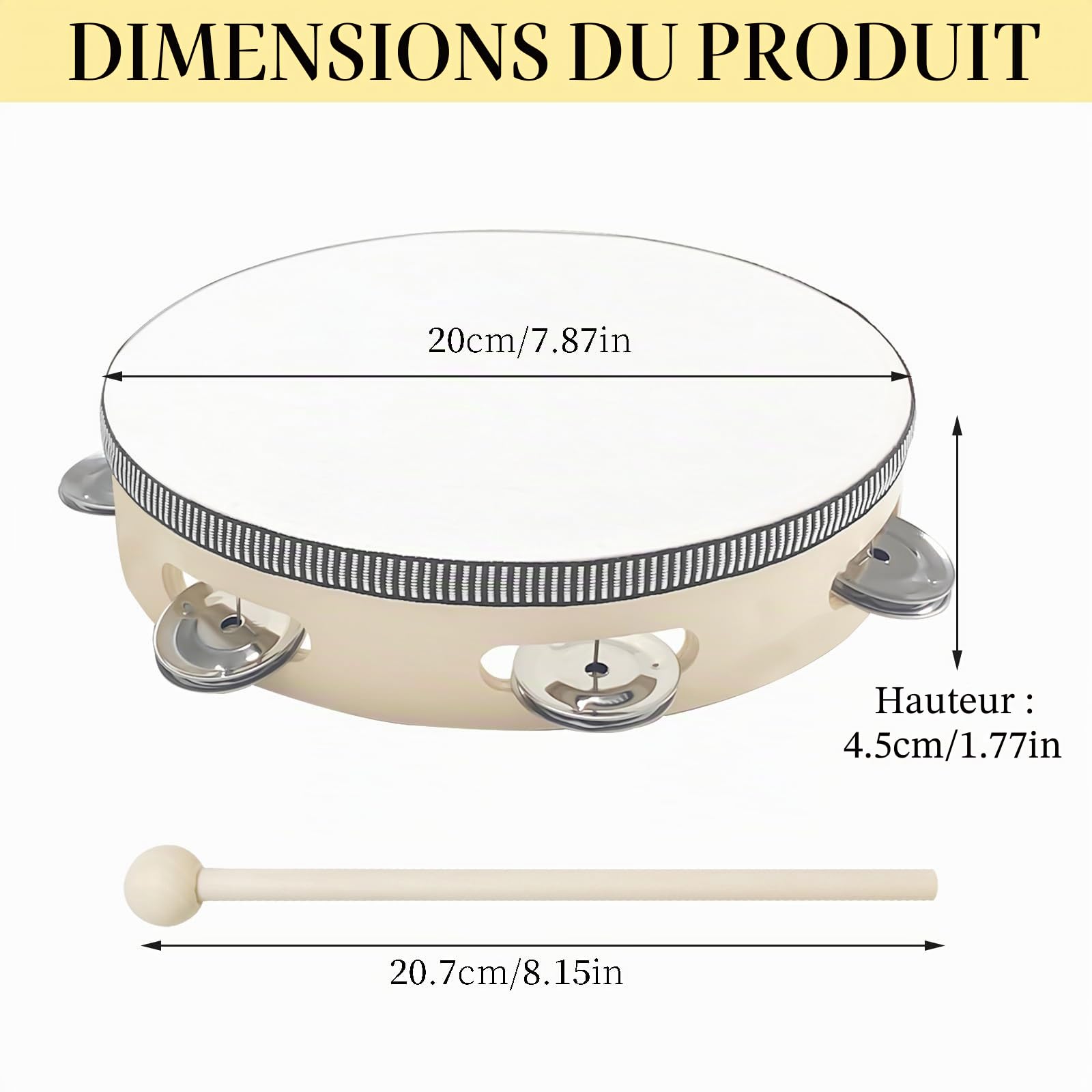 Set Tambourin en Bois avec Baguette 8 Pouces | Tambour à Main 20 cm de Diamètre Bord Renforcé par Corde