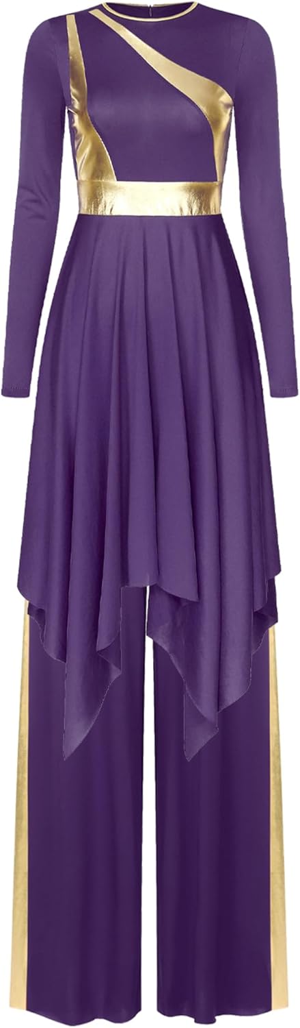 Women Liturgical Praise Dance Outfits Long Sleeve Metallic Worship Church Dance Dress with Wide-Leg Pants
