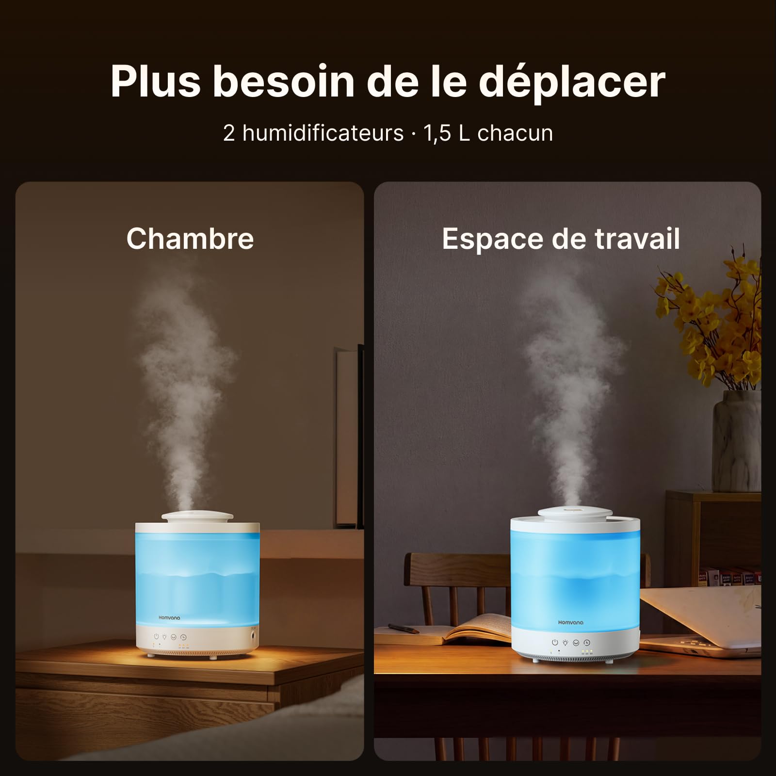 Homvana Humidificateur d'Air bébé, chambre, 1.5L, Pack de 2 | Humidifier d'air bébé Chambre, Cool Mist, Plante, BPA Free, 7 Color Light, Brumisateur Huiles Essentielles