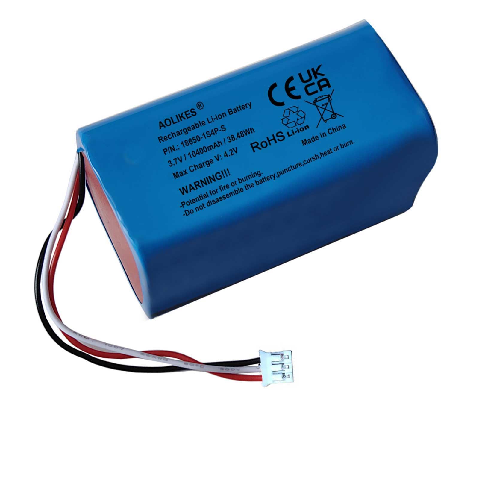 AOLIKES Batterie lithium-ion rechargeable 18650 1s4p 10400 mAh 3,7 V avec fiche PH2,0/3P / cellules 5C / carrée / prend en charge la charge rapide