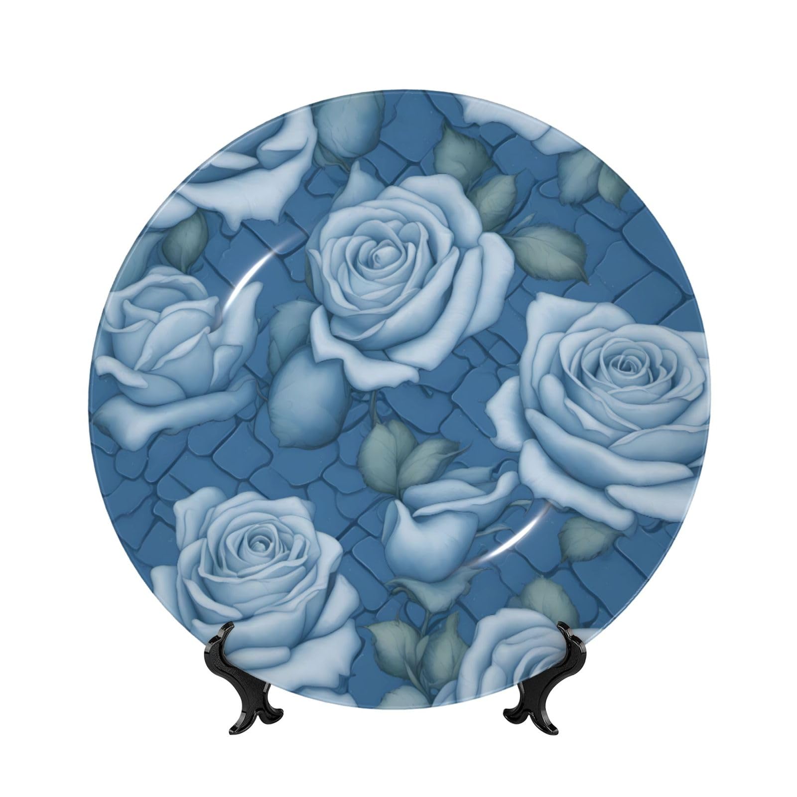 SXZVVBN Beautiful roses on blue background Bone China Decorative Plate Art with Stand Removable Adhesive Hanging for Home Office 7in