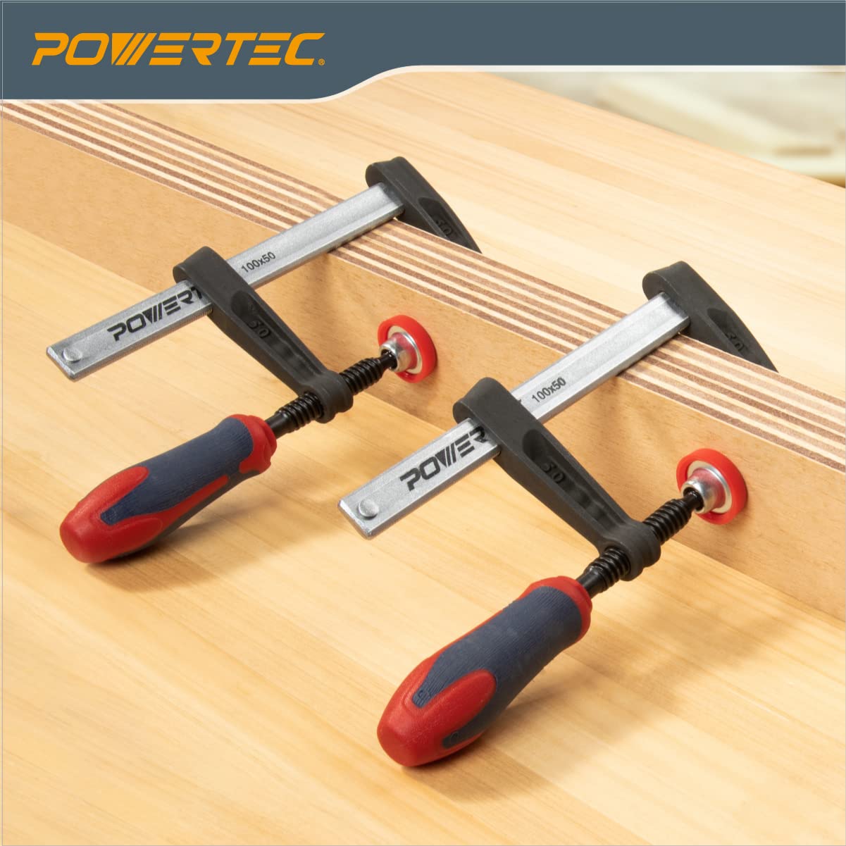 POWERTEC 71591-P2 Abrazadera F de 4 pulgadas Abrazaderas de barra de estilo F resistentes para carpintería, capacidad de 350 libras cada uno - 4 unidades