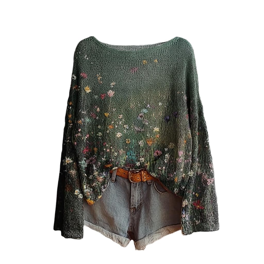 Womens Cozy Boho Floral Print Sweaters Casual Lightweight Oversized Graphic Long Sleeve Knit Pullover Top