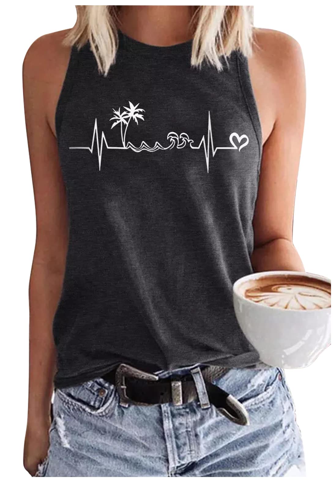 CHUNTIANRANWomens Beach Heartbeat Coconut Tree Racerback Tank Tops Summer Casual Fit Basic Camis Tanks Holiday Sleeveless T Shirts