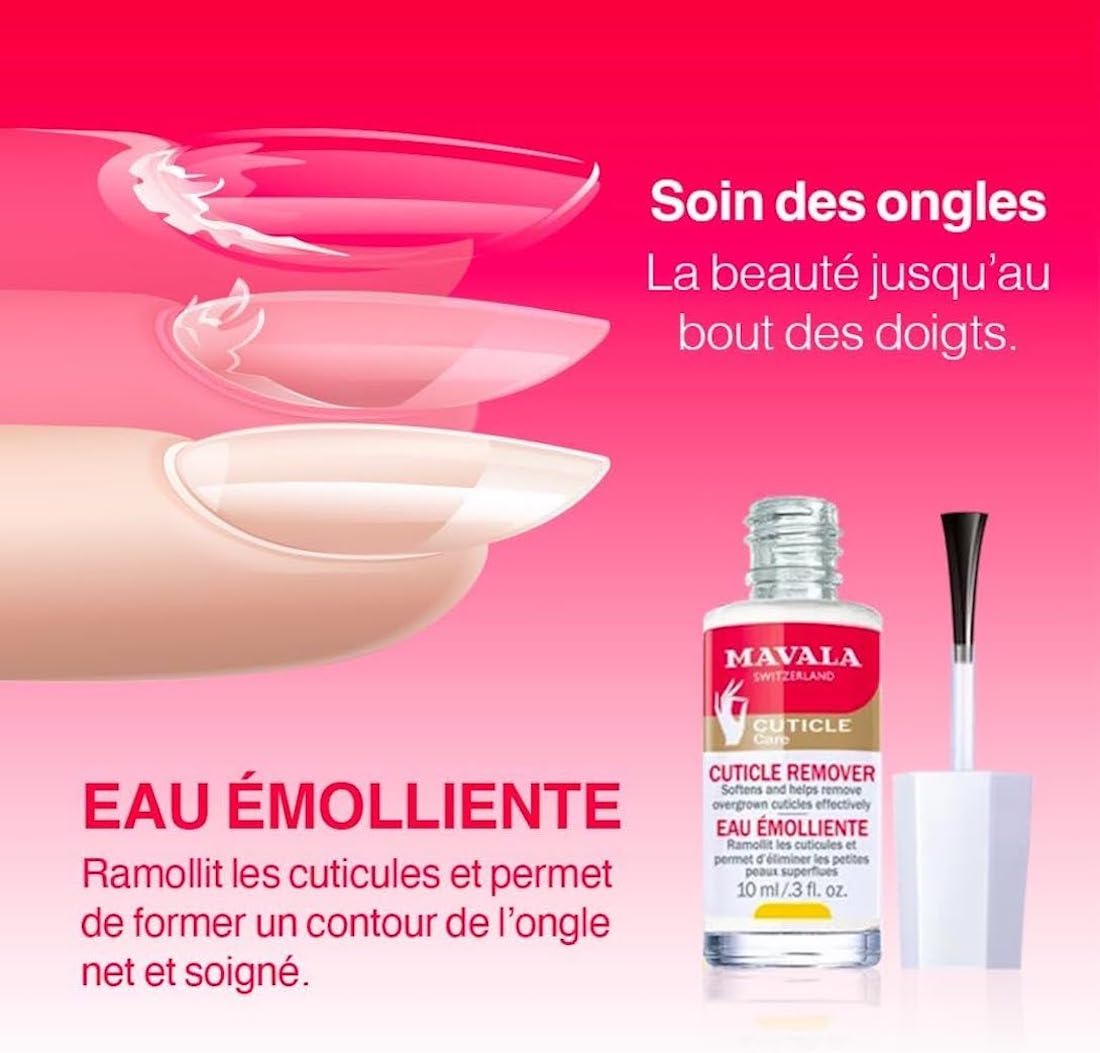 Mavala - Eau Émolliente - Soin Ramollissant les Cuticules - Élimine les Petites Peaux Superflues - 1 Seule Application Nécessaire - Contour de l'Ongle Net - 10ml