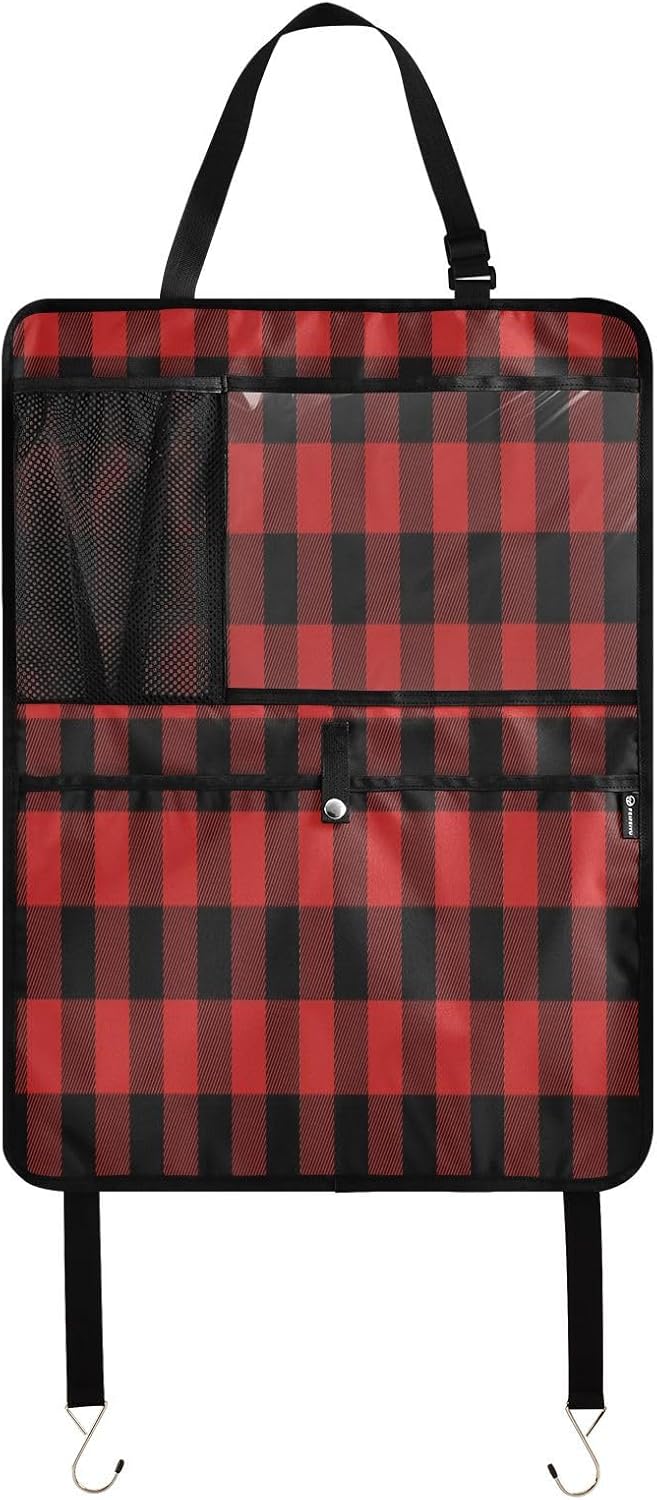 Plaid Dark Car Backseat Organizer for Kids Seat Back Protector Kick Mats with Storage Pockets for Road Trip Travel Car Accessories 2 Pack