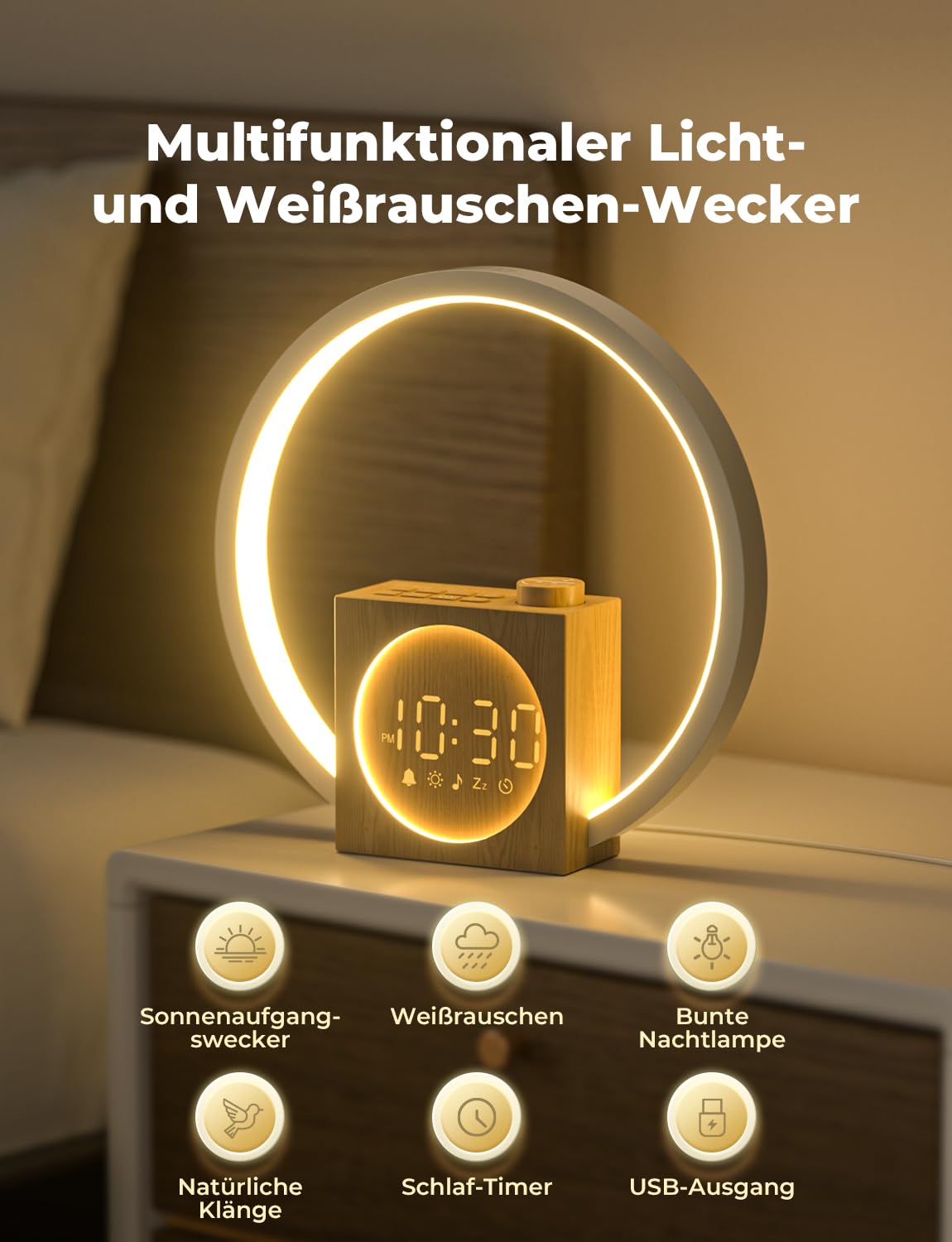 LIORQUE Tageslichtwecker Sonnenaufgang Simulation Wecker mit Licht 20 Helligkeitsstufen 12 Farblicht Snooze