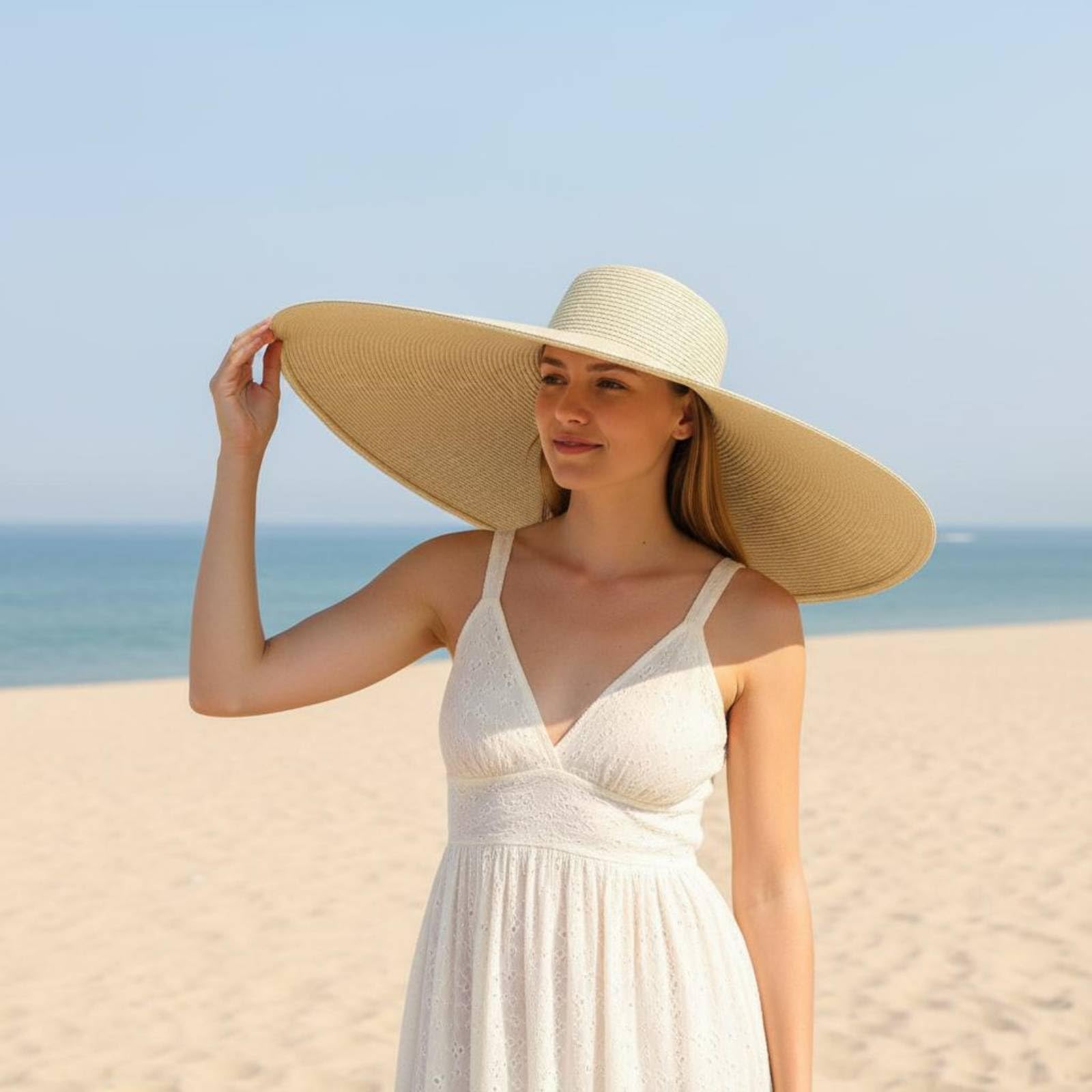 Cappello di Paglia con Ampia Visiera Larga Portatile Cappello da Spiaggia con Ampia Visiera Larga Traspirante Accessorio Moda Estivo per Viaggio, Khaki, 35CM