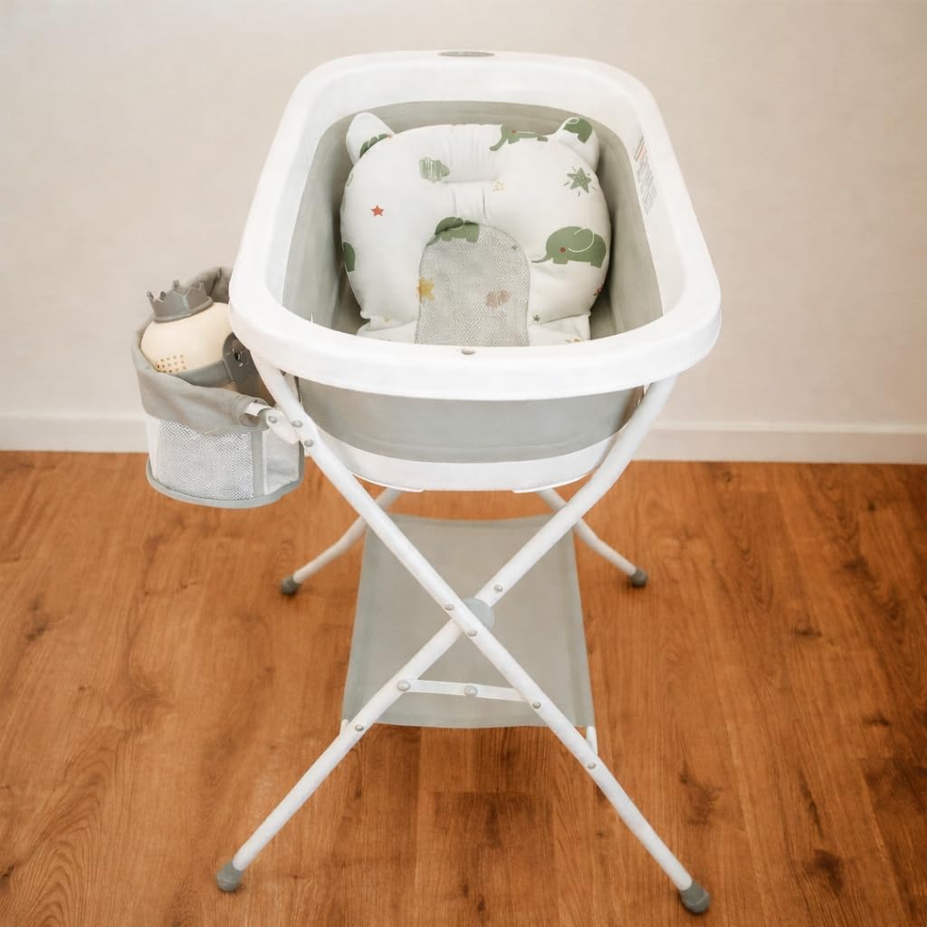 Bañera Plegable de Bebé con Soporte Patas Antideslizantes | Portátil | Tubo Desagüe | Cesta para Juguetes y Organizador para Champú | Ligera, Compacta y Segura para Baño (Gris Cojín Regadera)