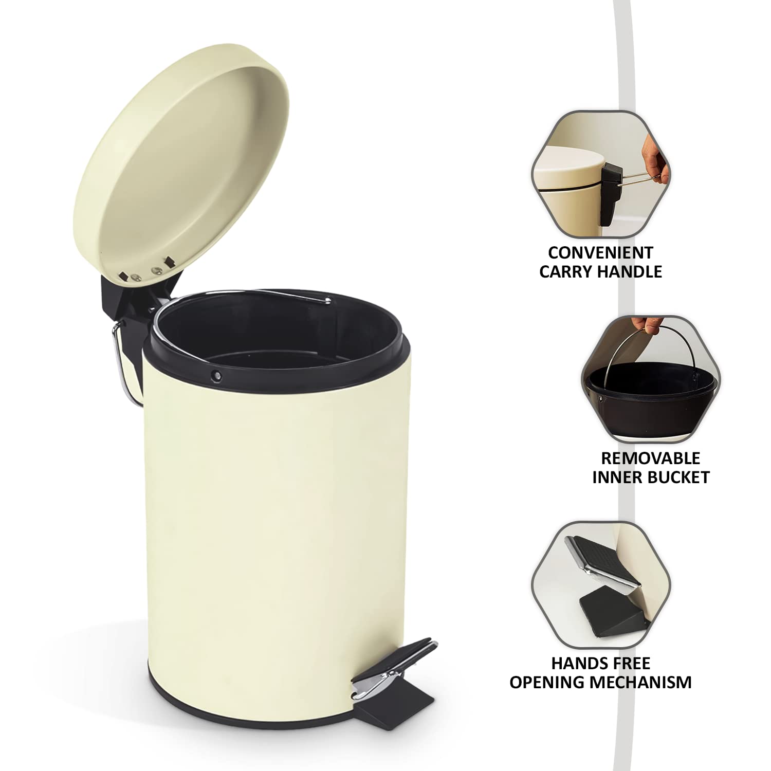 Crystals Small Pedal Bin with Lid-3 Litre Bathroom Bin for Rubbish and Waste-Stainless Steel Toilet Bin with Removable Inner Plastic Bucket-Ideal Size for Bedroom Bathroom Toilet Waste (Cream) - Image 2