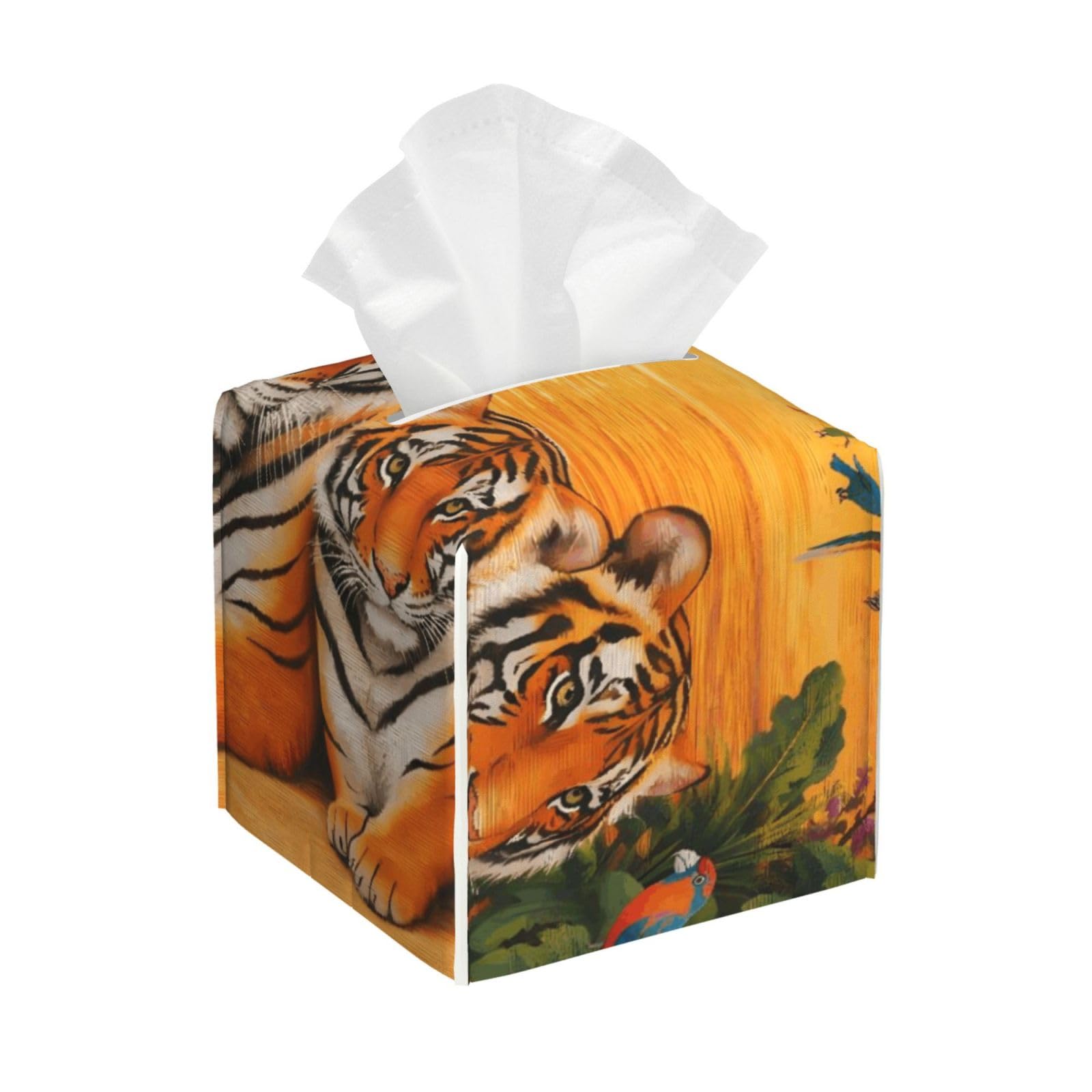 Tropical Tiger Animal World King Art Leather Tissue Box Cover Holder Square Facial Paper Organizer 5.2" X 5.2" X 5.2"