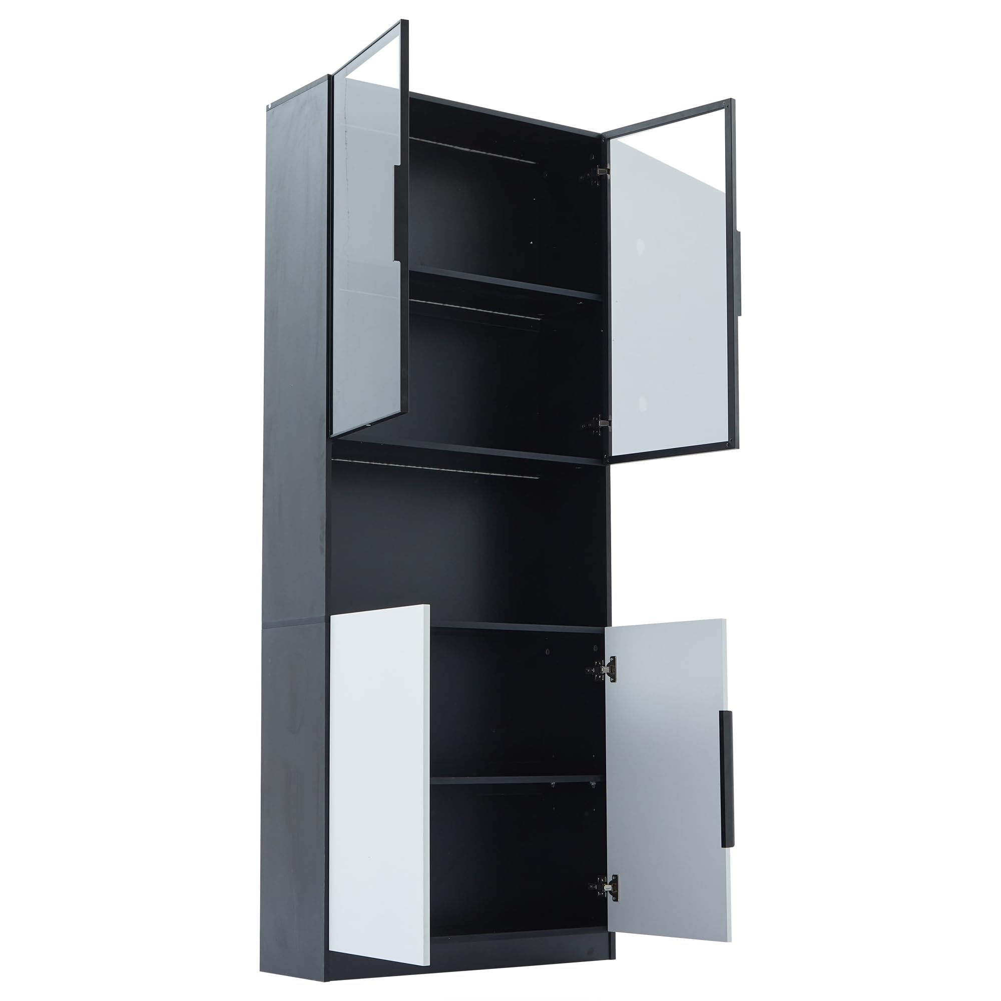 Vitrine mit Glastüren und LED-Licht, Vitrinenschrank Glasvitrine mit 5 Fächer, Highboard Sammlervitrine mit Verstellbare Schotten, Wohnzimmerschrank, Weiß+Schwarz, 80x30x200 cm