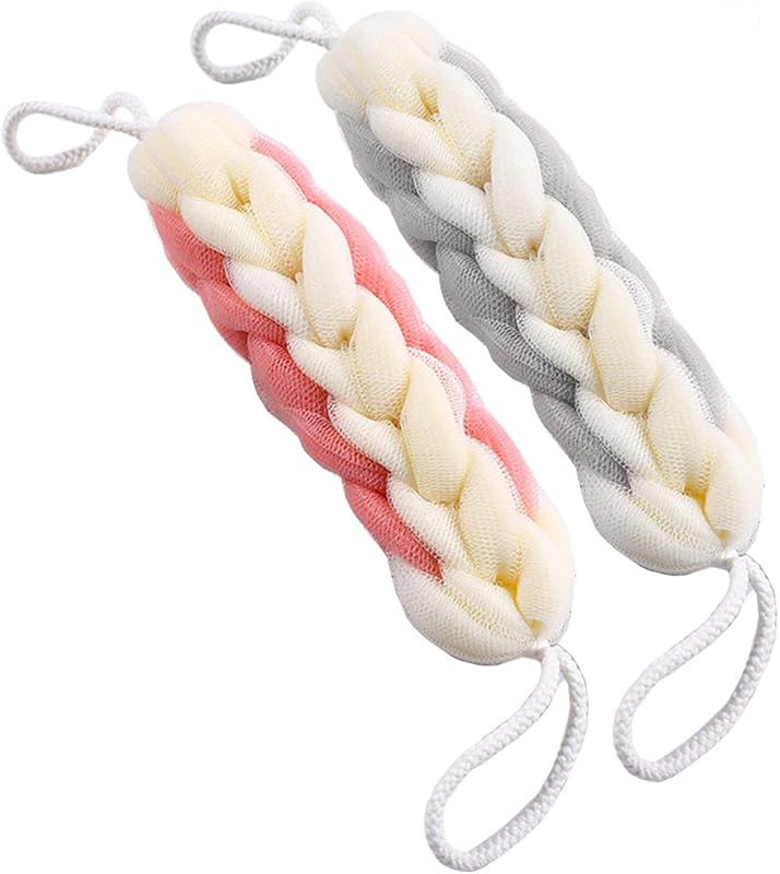 Esponja de banho alongável AARAINBOW com alças de corda, cinza e rosa, pacote com 2