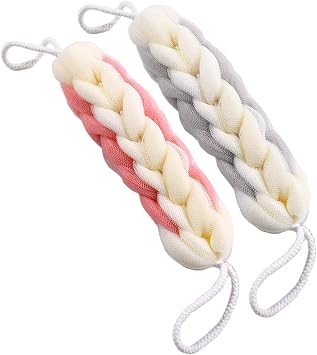 AARAINBOW 2 Packs Upgraded Long Stretch Back Sponge with Rope Handles Back Scrubber Bath Shower Mesh Sponge Exfoliating Body Scrub Stretch Braided Loofah for Men Women Braided Mesh Shower Gray+Pink