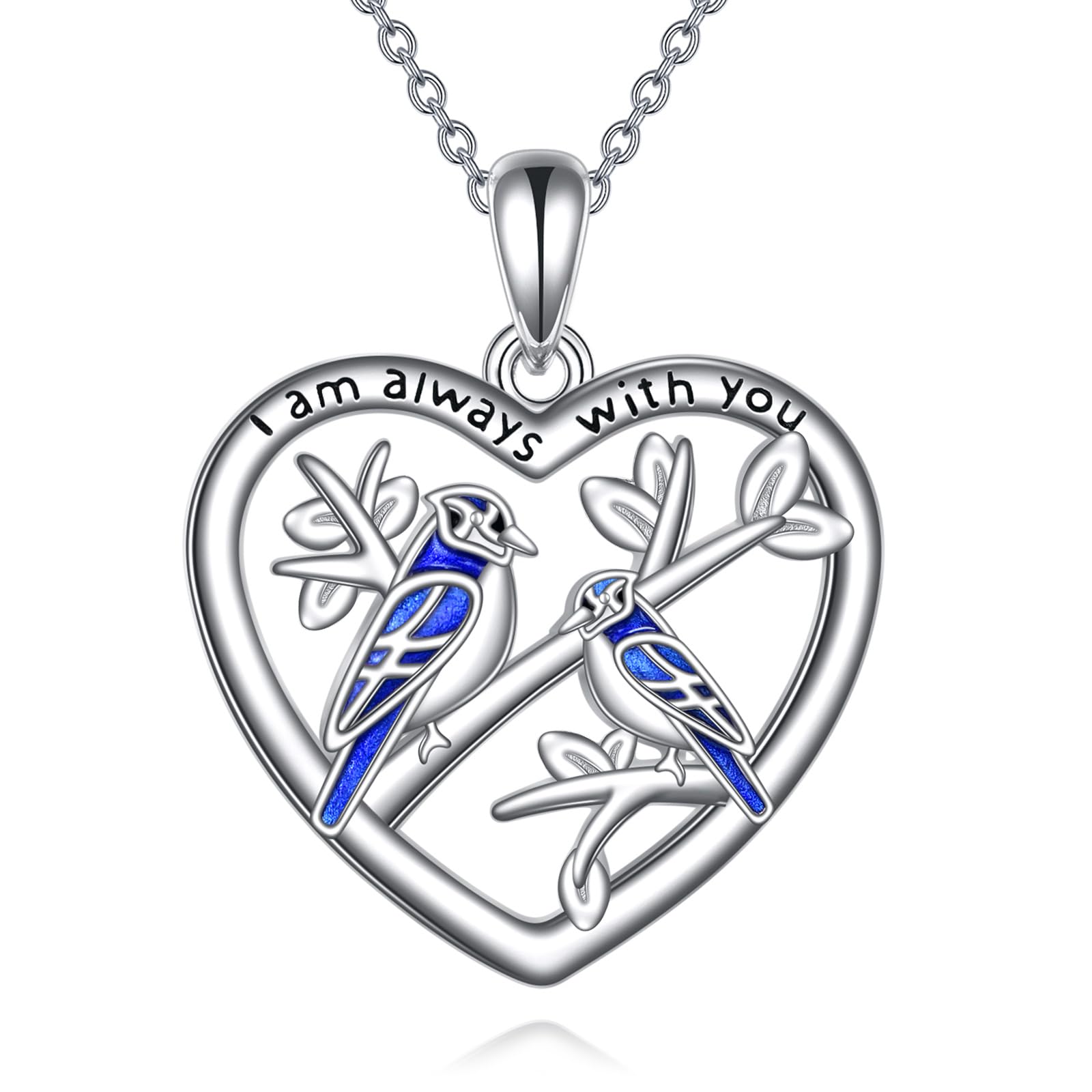 YONFQE Blue Jay Necklace 925 Sterling Silver Love Heart Happiness Pendant I Am Always With You Jewelry Gift for Men Women Bird Lovers
