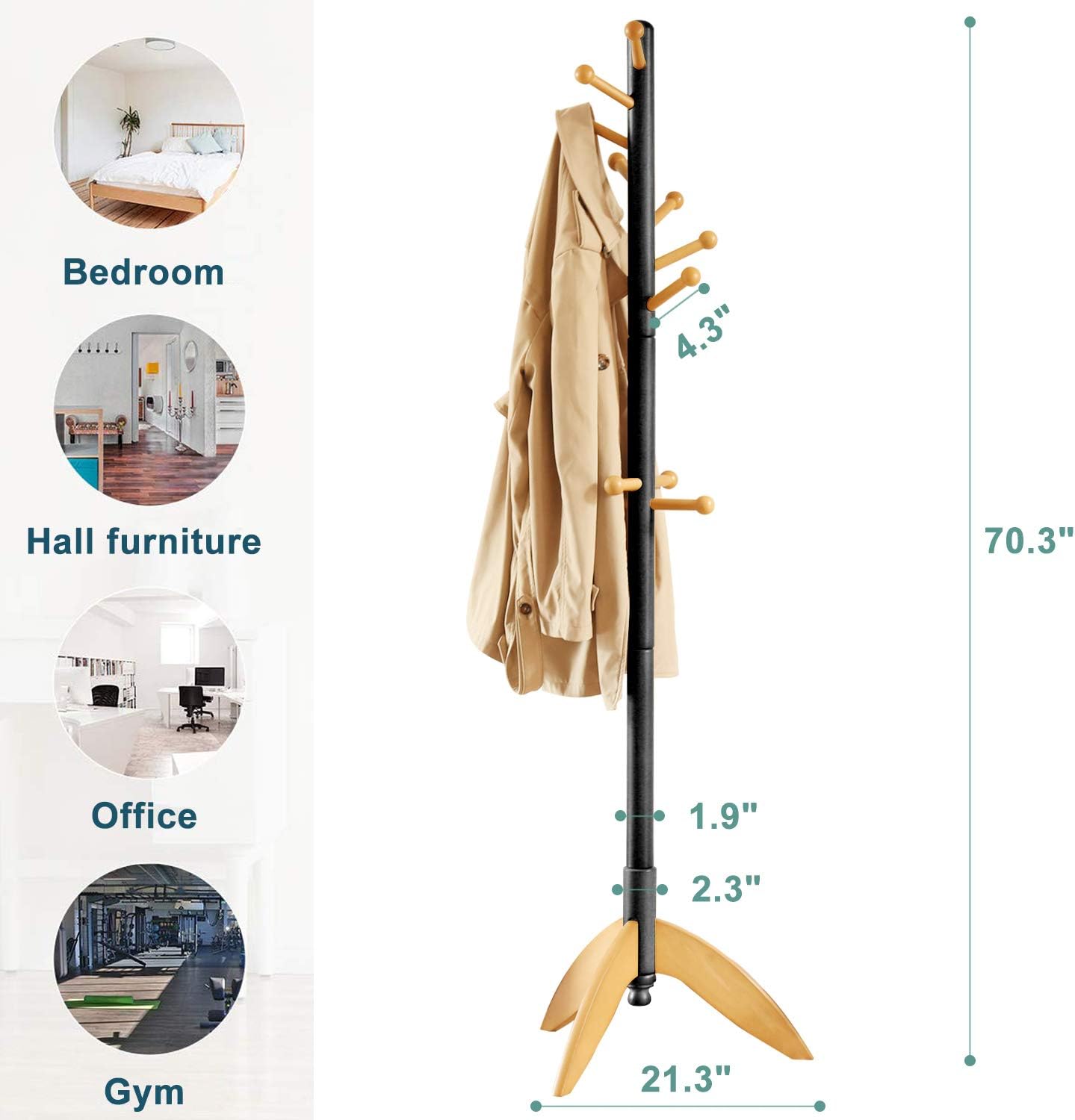 Vlush Rubber Wood Coat Rack Free Standing, 11 Hooks Hallway/Entryway Coat Hat Tree Coat Hanger for Clothes, Suits, Accessories (Black+Natural)