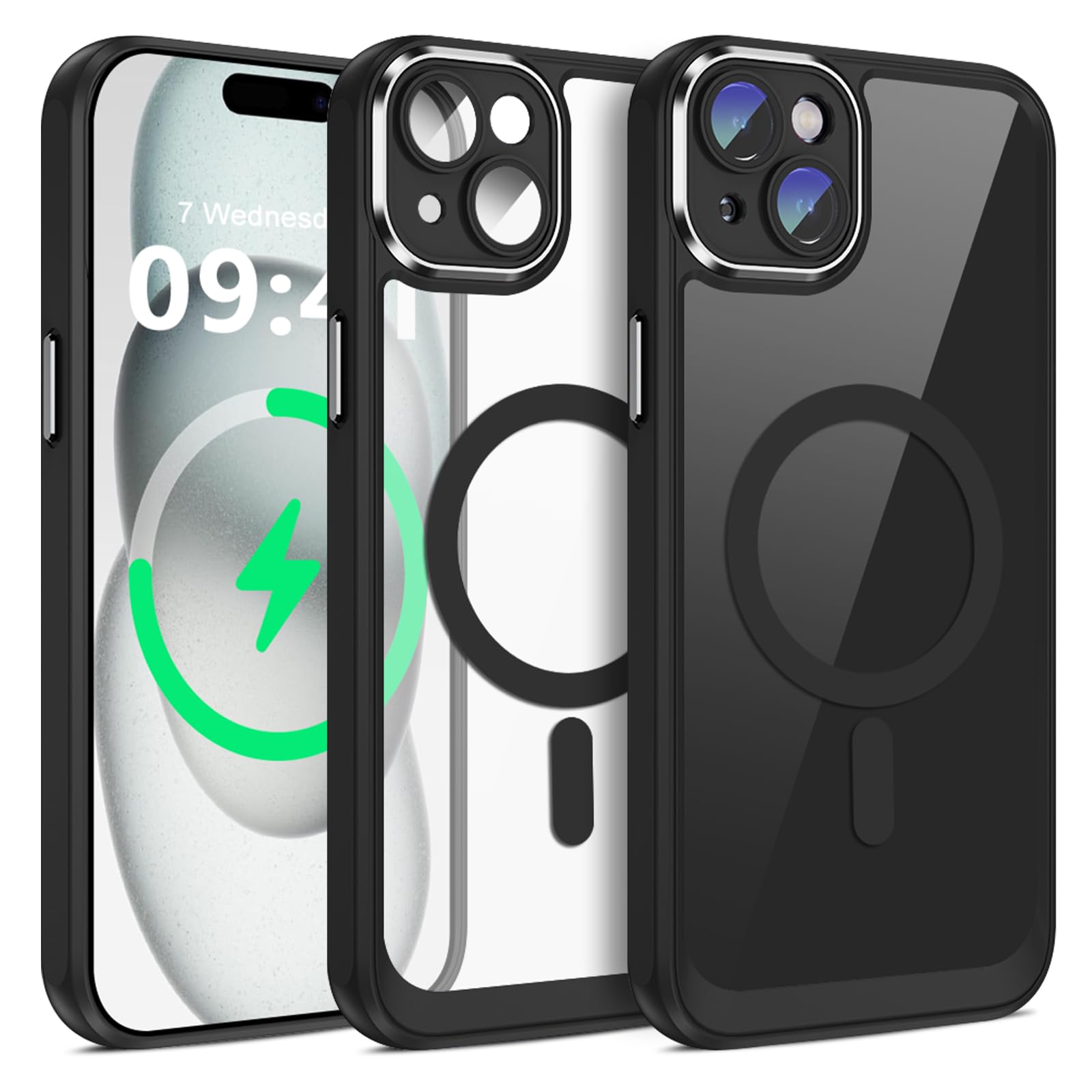 Cover per iPhone 15 Custodia con 2 Pezzi Vetro Temperato, Compatibile con Magsaf