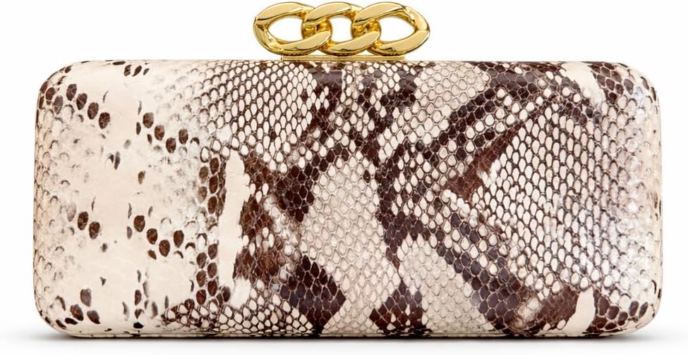 Snakeskin Print Clutch Purse for Women, Evening Bag with Gold Chain Closure, Dinner Party Handbag, Small