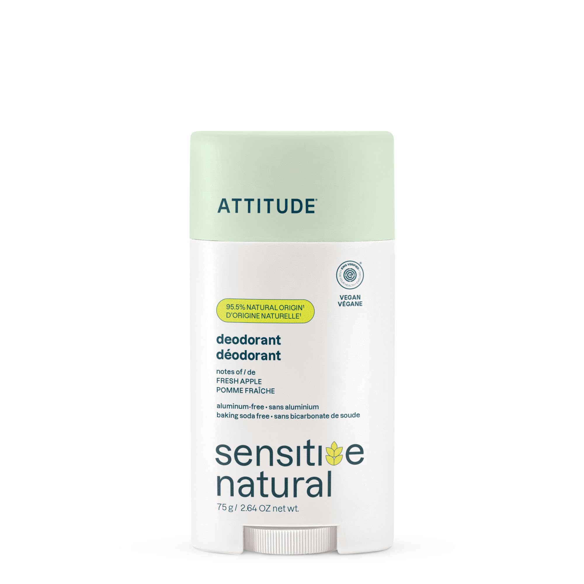 ATTITUDE Deodorant for Sensitive Skin, Aluminum Free & Baking Soda Free, Gentle & Vegan, Fresh Apple Scent, 2.64 Oz