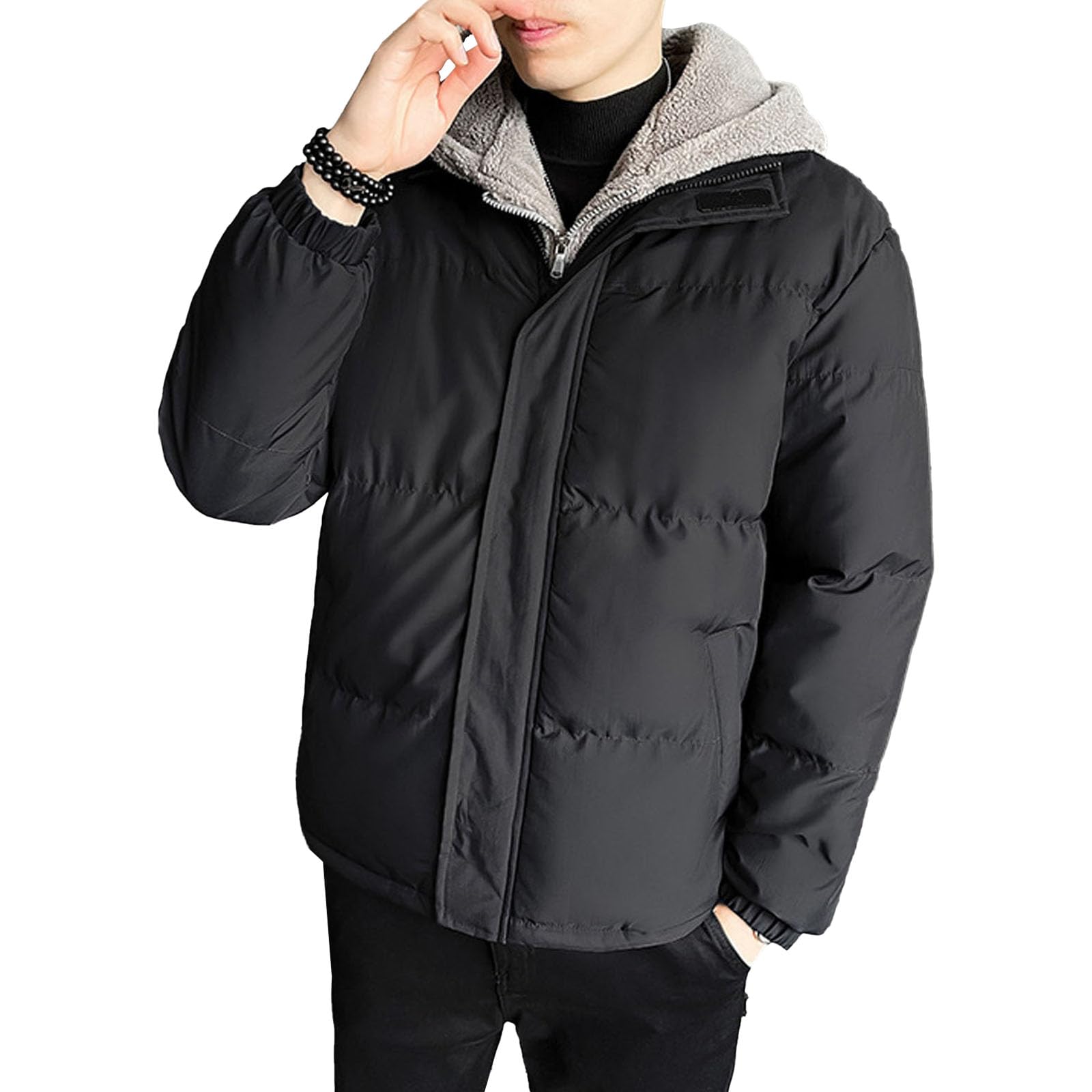 Chaqueta acolchada con capucha gruesa para hombre, resistente al viento, forro polar sherpa, chaqueta acolchada cálida para hombre