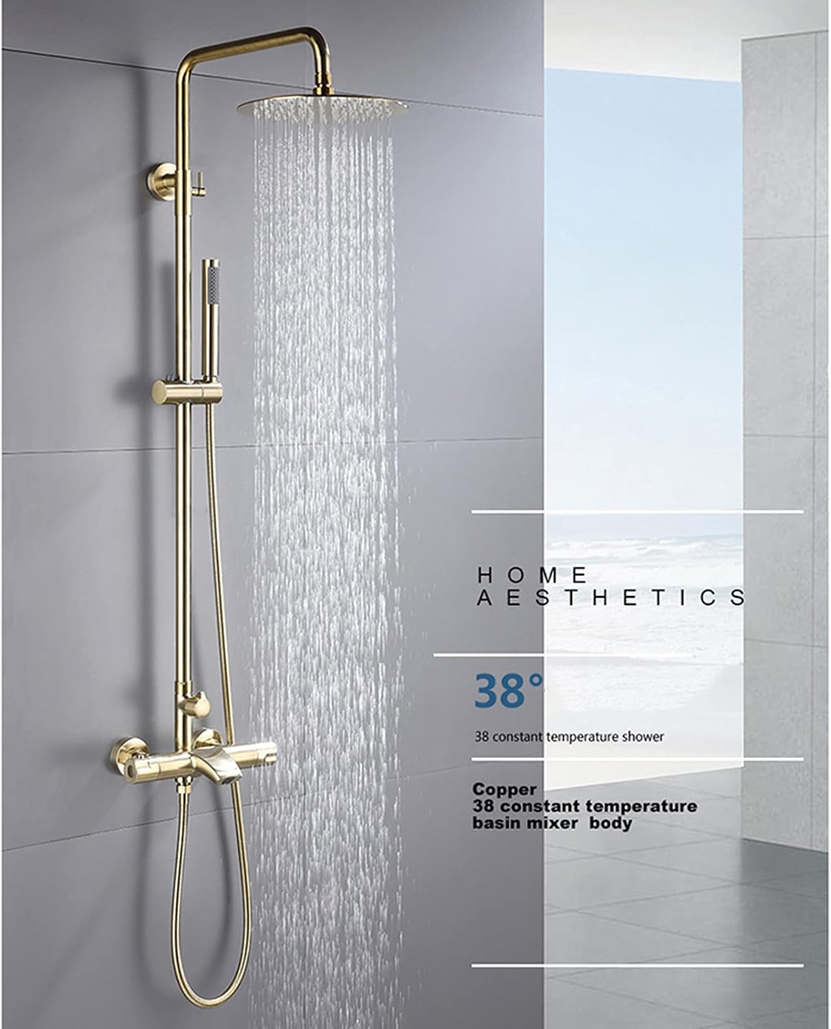 Exposed Shower Fixture Set, 245mm Round Rain Shower Head, Brushed Gold Thermostatic Smart Shower System with Rainfall Tub Spout