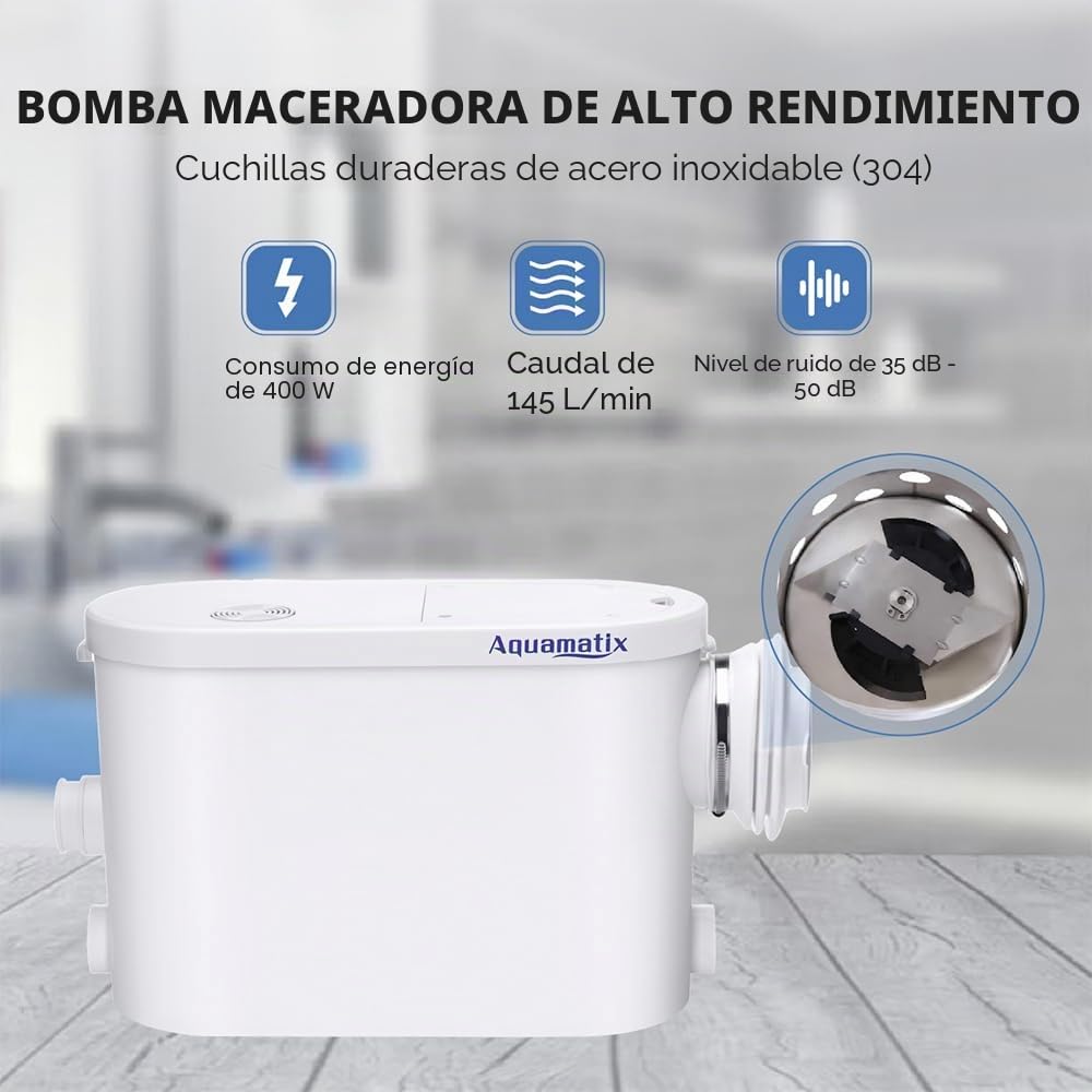Aquamatix Silencio S Triturador Sanitario 400W bomba Trituradora Bomba para Augua Residuales para inodoro colgante con filtro de carbón y panel de reparación
