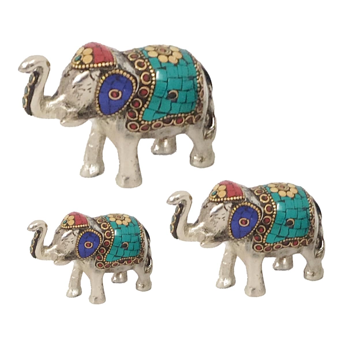 3 elefanti decorativi in alluminio argentato, 9 cm